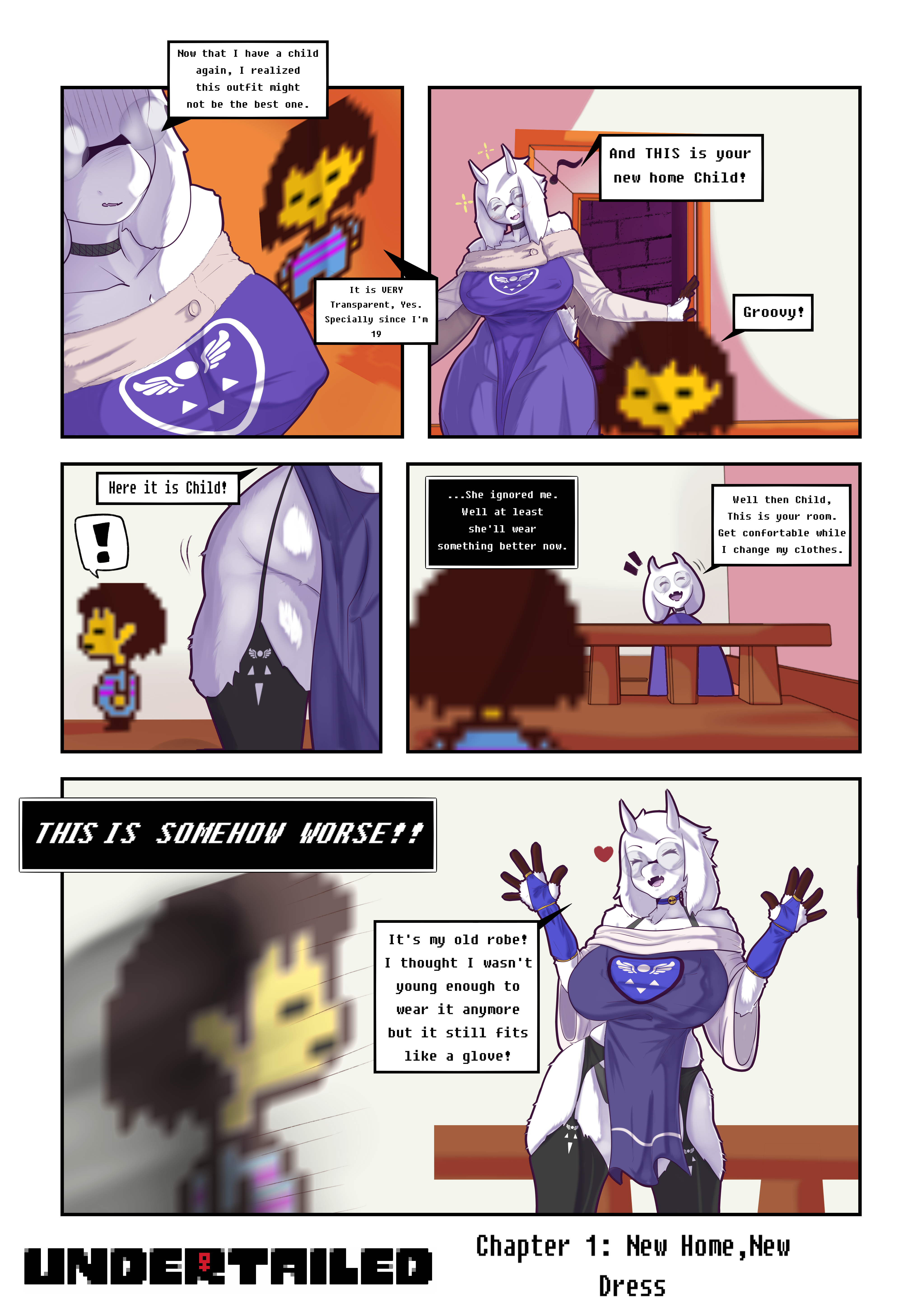 big breasts, breasts, female, frisk, frisk (undertale), glasses, goat girl, goat mom, hooves, mr.russo, robe, toby fox, toriel, undertale, undertale (series)