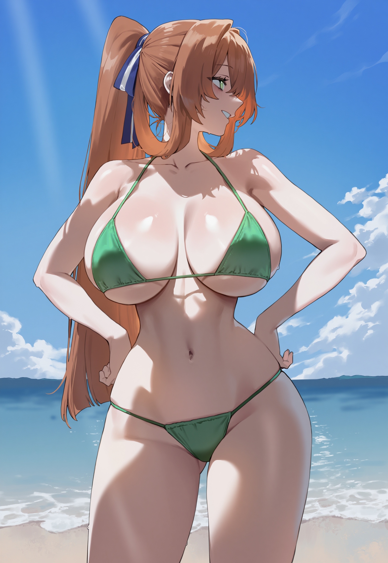 1girls, ai generated, ass, big breasts, bikini, breasts, brown hair, female, female focus, girls' frontline, green bikini, green eyes, hands on own hips, hips, huge breasts, large breasts, light skin, light-skinned female, looking at viewer, navel, springfield (girls' frontline), truck kun