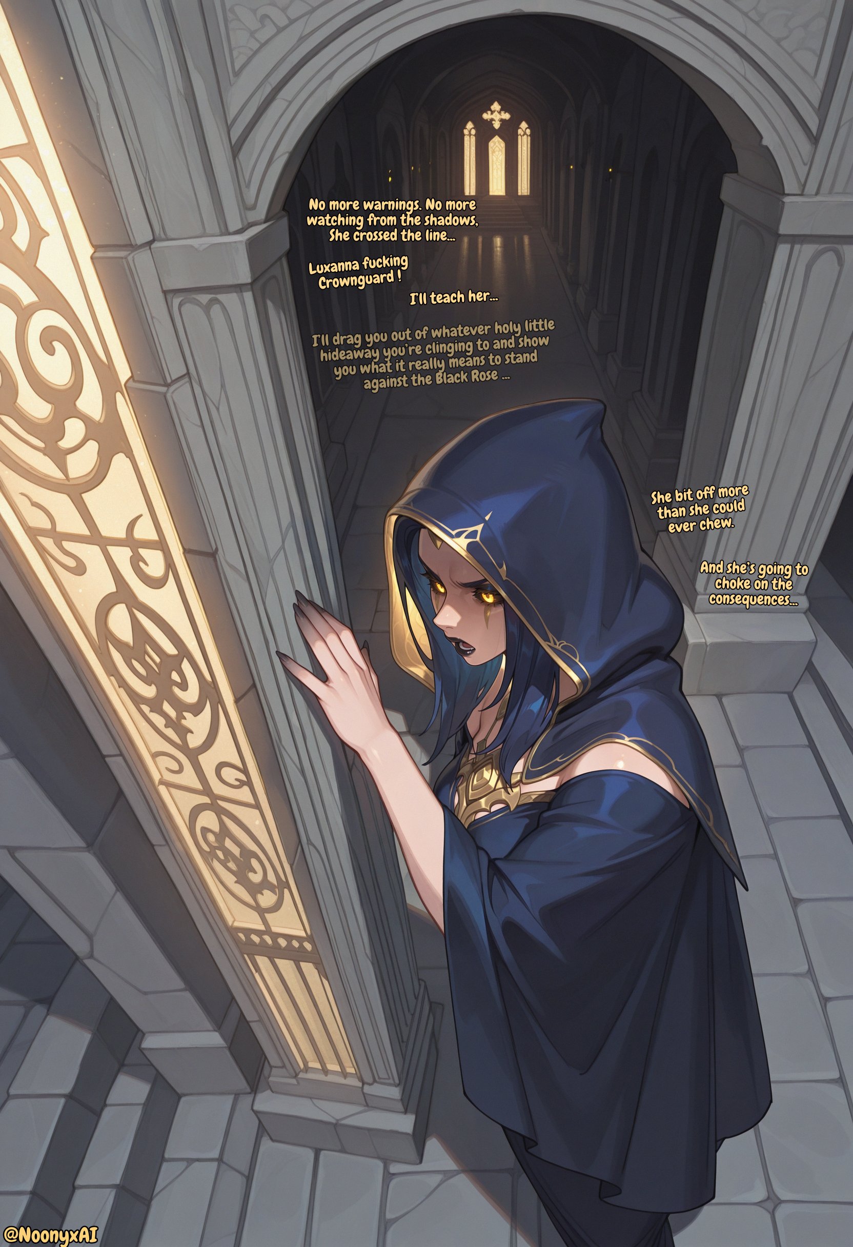 1futa, 2025, ai generated, black lipstick, blue hair, futa only, futanari, imminent rape, imminent sex, intersex, league of legends, leblanc, mantle, noonyx, text, yellow eyes