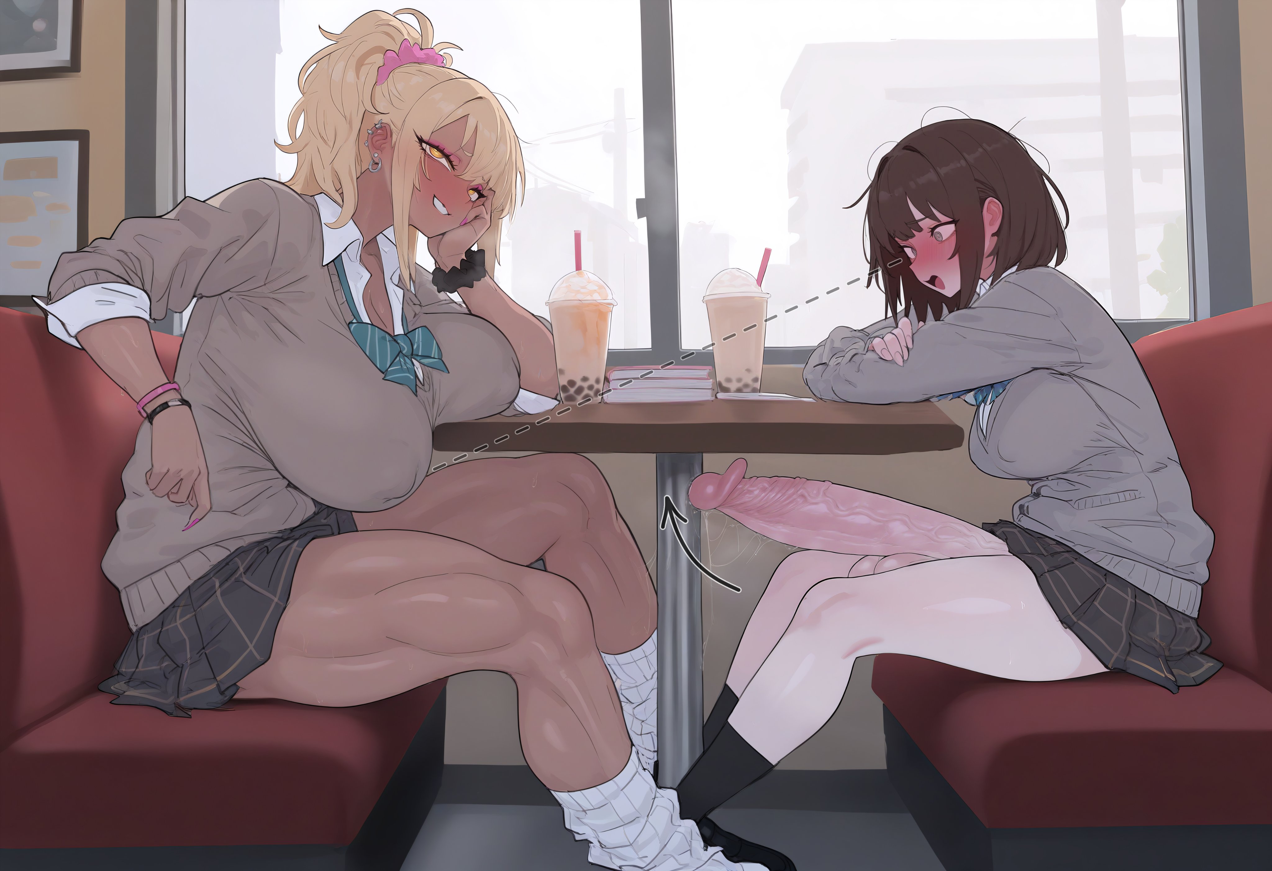 1futa, 1girls, ai generated, blonde hair, breasts, breasts on table, brown hair, duo, erection, female, flappytsk, from side, futa with female, futanari, ganguro, gigantic penis, gyaru, huge breasts, huge cock, huge penis, human, intersex, leg warmers, medium breasts, muscular, muscular female, nipple bulge, penis, revealing clothes, school uniform, sitting, skirt, yellow eyes
