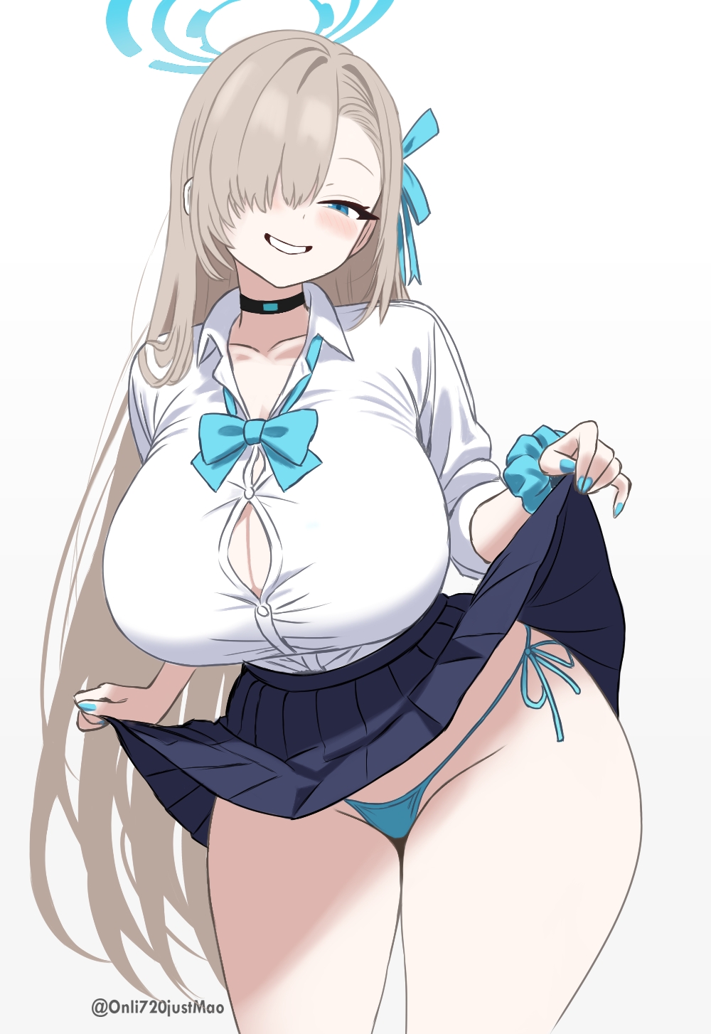 1girls, asuna (blue archive), asuna (school uniform) (blue archive), blonde hair, blue archive, blue eyes, blue halo, blue panties, blue skirt, blush, breasts, button gap, choker, cleavage, clothes lift, collarbone, female, grin, groin, hair over one eye, hair ribbon, halo, highres, huge breasts, lifting own clothes, long hair, looking at viewer, onli720, panties, pleated skirt, ribbon, scrunchie, shirt, side-tie panties, skirt, skirt lift, smile, solo, squinting, teasing, thighs, underwear, very long hair, white shirt, wrist scrunchie
