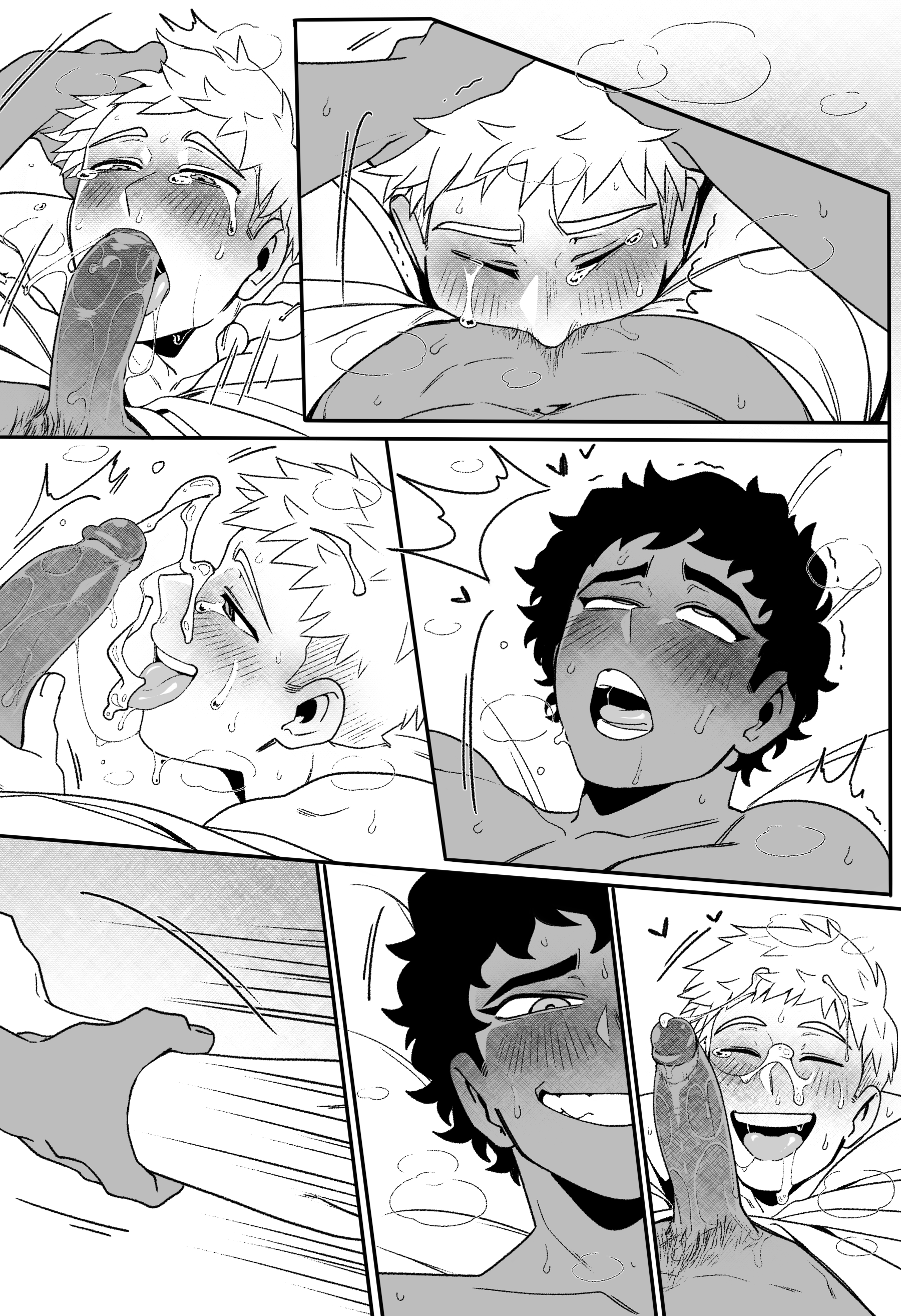 ahe gao, ahegao face, bed, bedroom, black body, black hair, black skin, blonde hair, comic, dark skin, dark-skinned male, dungeon meshi, erect penis, erection, eyes, focus, gay, gay domination, gay male, gay sex, hair, kabru, kyosein, laios touden, male, male focus, male only, male/male, muscular, muscular male, oral, oral penetration, oral sex, penis, penis in mouth, penis lick, penis on face, sex, tears, tears in eyes, uncensored, yaoi