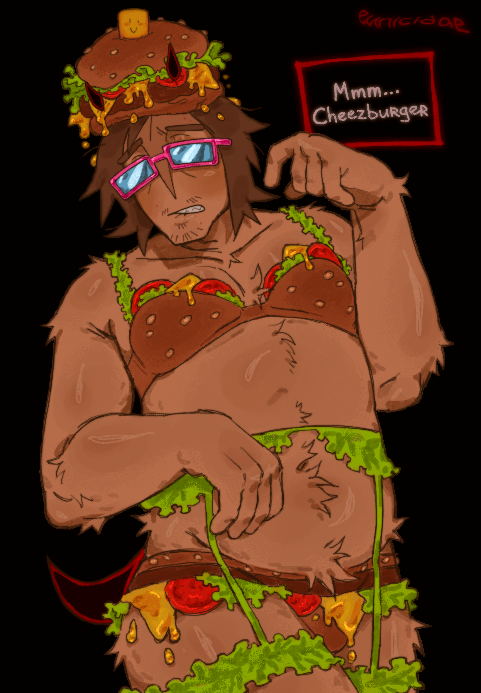 007n7, 007n7 (forsaken), 1boy, artist name, bikini, blush, bulge, burger, burger bikini, burger hat, burger lingerie, chubby, chubby male, dadbod, dilf, eunicidae, forsaken (roblox), fur, glasses, horns, male, male only, roblox, roblox game, robloxian, self upload, tagme