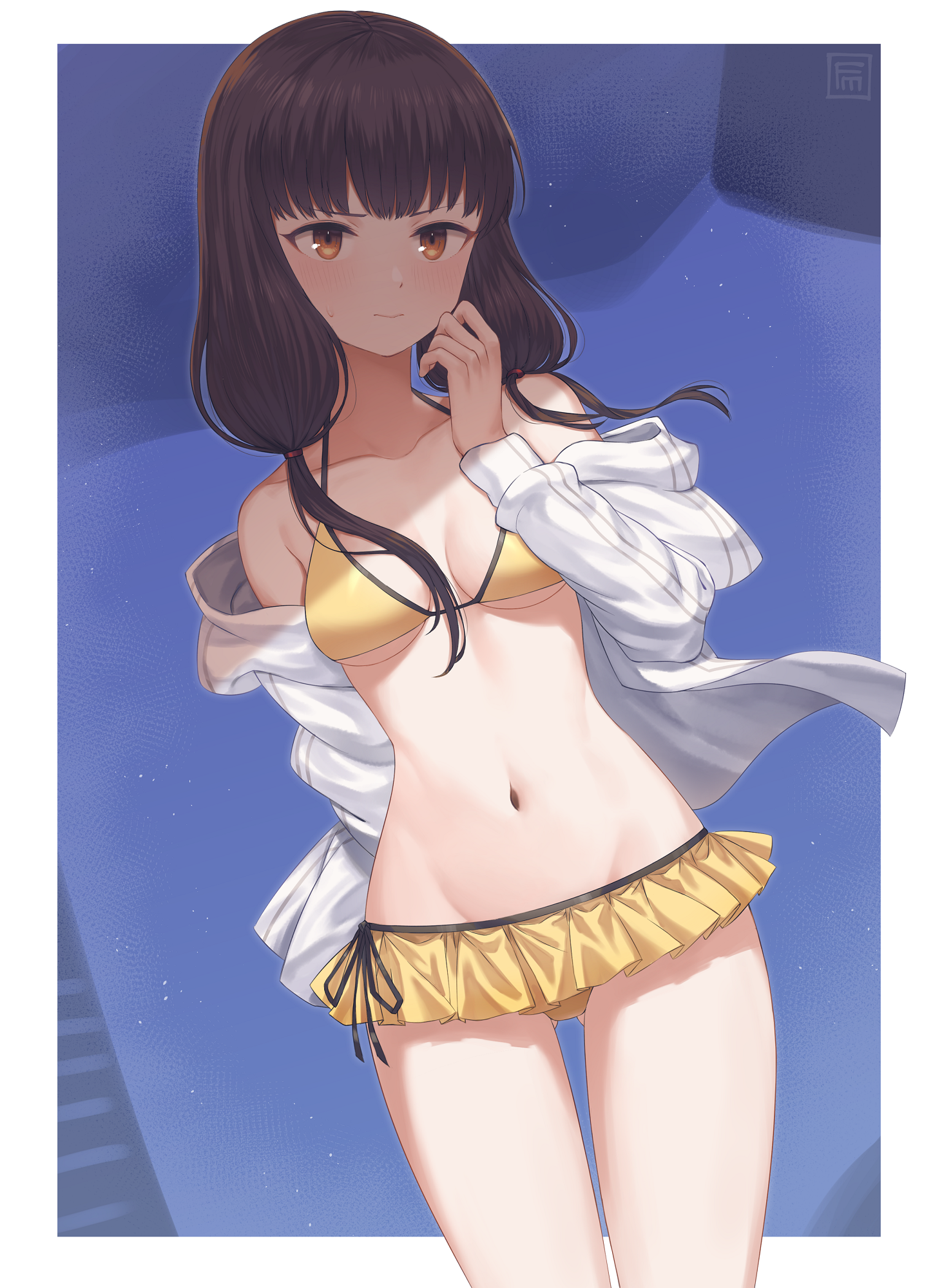 1girls, bare belly, bare chest, bare hands, bare hips, bare legs, bare midriff, bare navel, bare shoulders, bare skin, bare thighs, belly, belly button, breasts, brown eyebrows, brown eyes, brown hair, brown-eyed female, brown-haired female, collarbone, curvaceous, curvaceous body, curvaceous female, curvaceous figure, curvaceous hips, curvaceous teenager, curvaceous thighs, curvy, curvy body, curvy female, curvy figure, curvy hips, curvy thighs, elbows, exposed belly, exposed chest, exposed hips, exposed legs, exposed midriff, exposed navel, exposed shoulders, exposed skin, exposed thighs, female, female focus, female only, fingers, frown, frown eyebrows, frowning, frowning at viewer, fumato, groin, head tilt, high resolution, high school student, highres, hourglass figure, iino miko, kaguya-sama wa kokurasetai ~tensai-tachi no renai zunousen~, lean figure, long hair, looking at viewer, medium breasts, midriff, narrow waist, navel, petite, petite body, petite breasts, petite female, petite tits, purple background, schoolgirl, shoulders, simple background, slender body, slender waist, slim waist, solo, standing, teenage female, teenager, thigh gap, thighs, tilted head, twintails, twintails (hairstyle), upper body, wide hips, young female, young woman