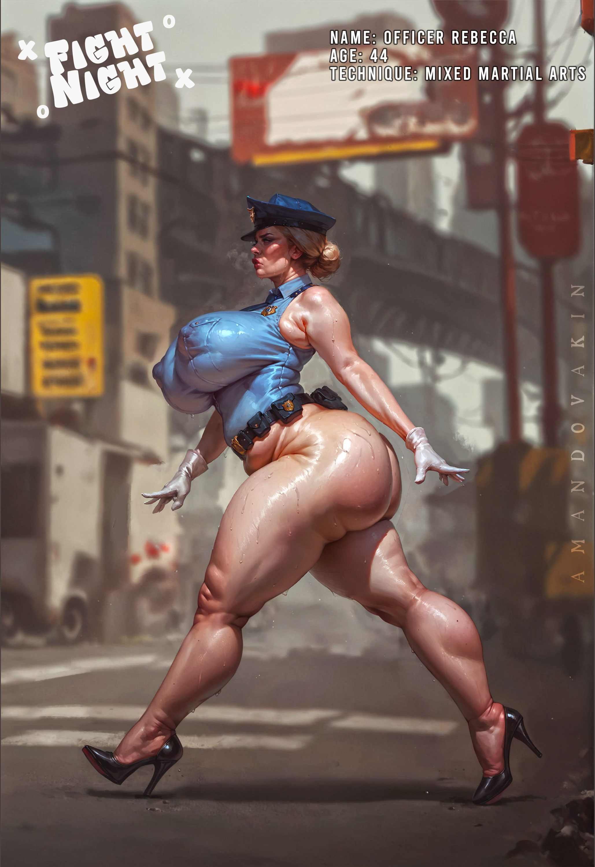 ai generated, amandovakinai, ass, big ass, black high heels, blonde hair, blue clothing, bottomless, bottomless female, breasts, butt, chubby, city, clothing, day, english text, female, female only, gloves, hair bun, high heels, huge ass, huge breasts, huge butt, human, human female, lewd, light skin, light-skinned female, long hair, outdoors, partially clothed, partially clothed female, police uniform, policewoman, solo, solo female, street, thicc, thighs, video game character, walking, white gloves