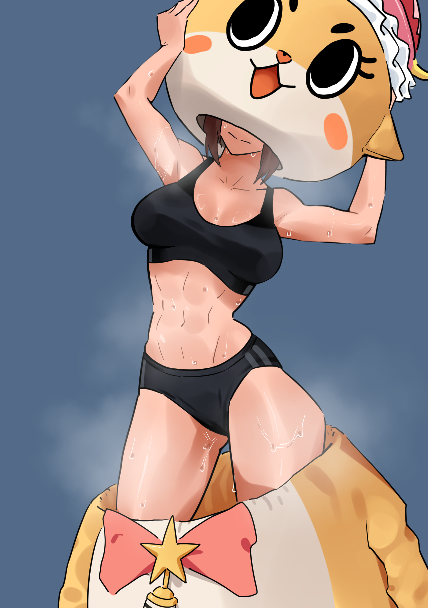 1girls, abs, athletic, athletic female, belly button, breasts, brown hair, chiitan, dingotoad, female, female focus, female only, mascot costume, mascot head, mascot suit, navel, sports bra, sportswear, steam, steaming body, sweat, sweatdrop, sweating, thighs, tomboy, undressing