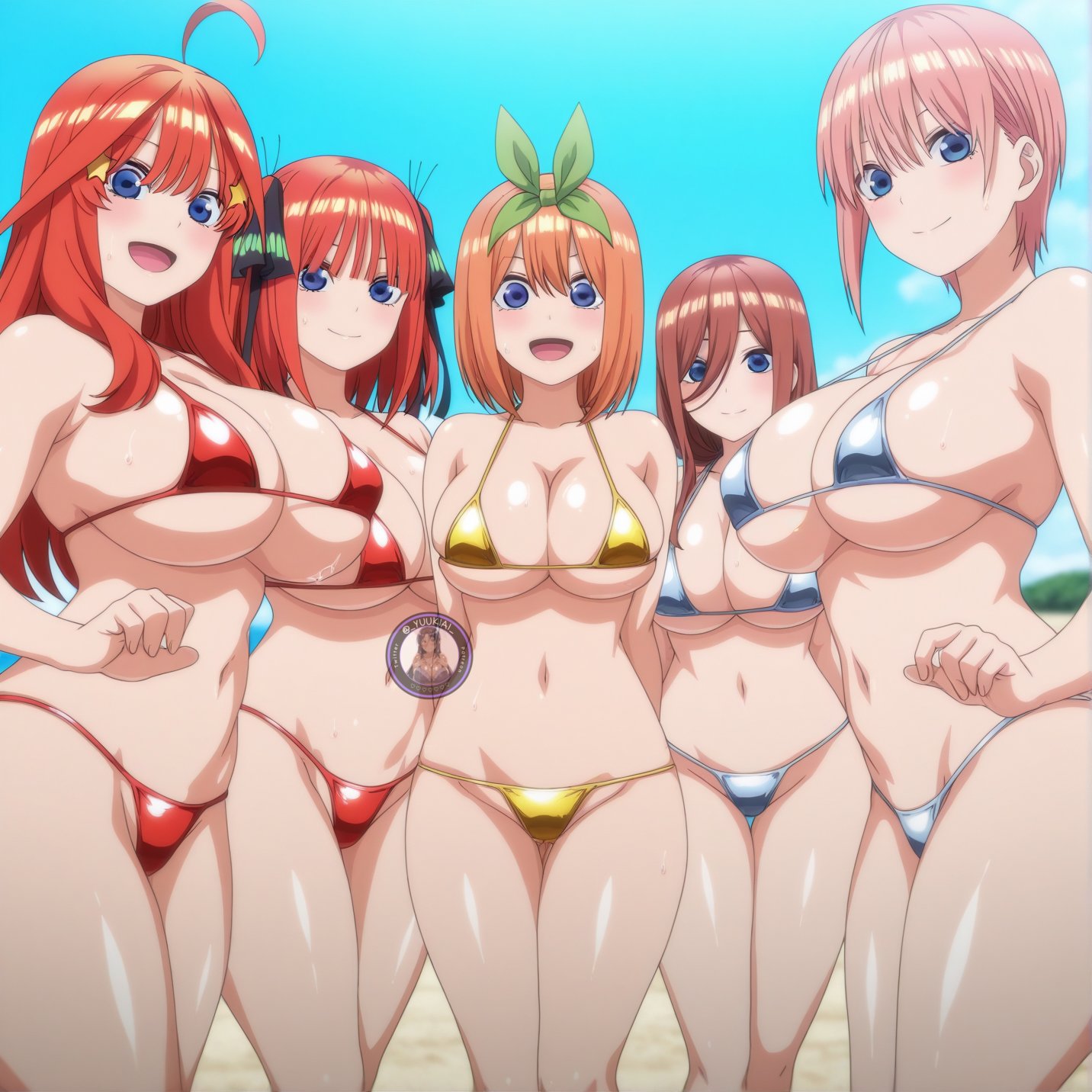 ai generated, bikini, bikini bottom, bikini top, female, go-toubun no hanayome, jpg, nakano ichika, nakano itsuki, nakano miku, nakano nino, nakano yotsuba, red bikini, red bikini bottom, red bikini top, silver bikini, tagme, twitter link, yellow bikini, yuukiai