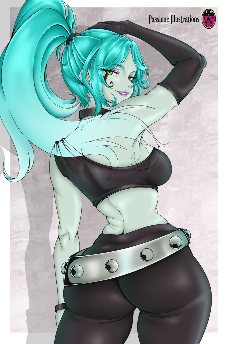 1girls ass ass_focus back_view big_ass big_breasts blue_hair curvy curvy_female danny_phantom ember_mclain female female_focus ghost_girl goth green_eyes leather_clothing leather_gloves lipstick long_hair looking_at_viewer nickelodeon pasioneillustrations ponytail pose posing posing_for_the_viewer purple_lipstick seductive seductive_look smile thick thick_ass thick_legs thick_thighs