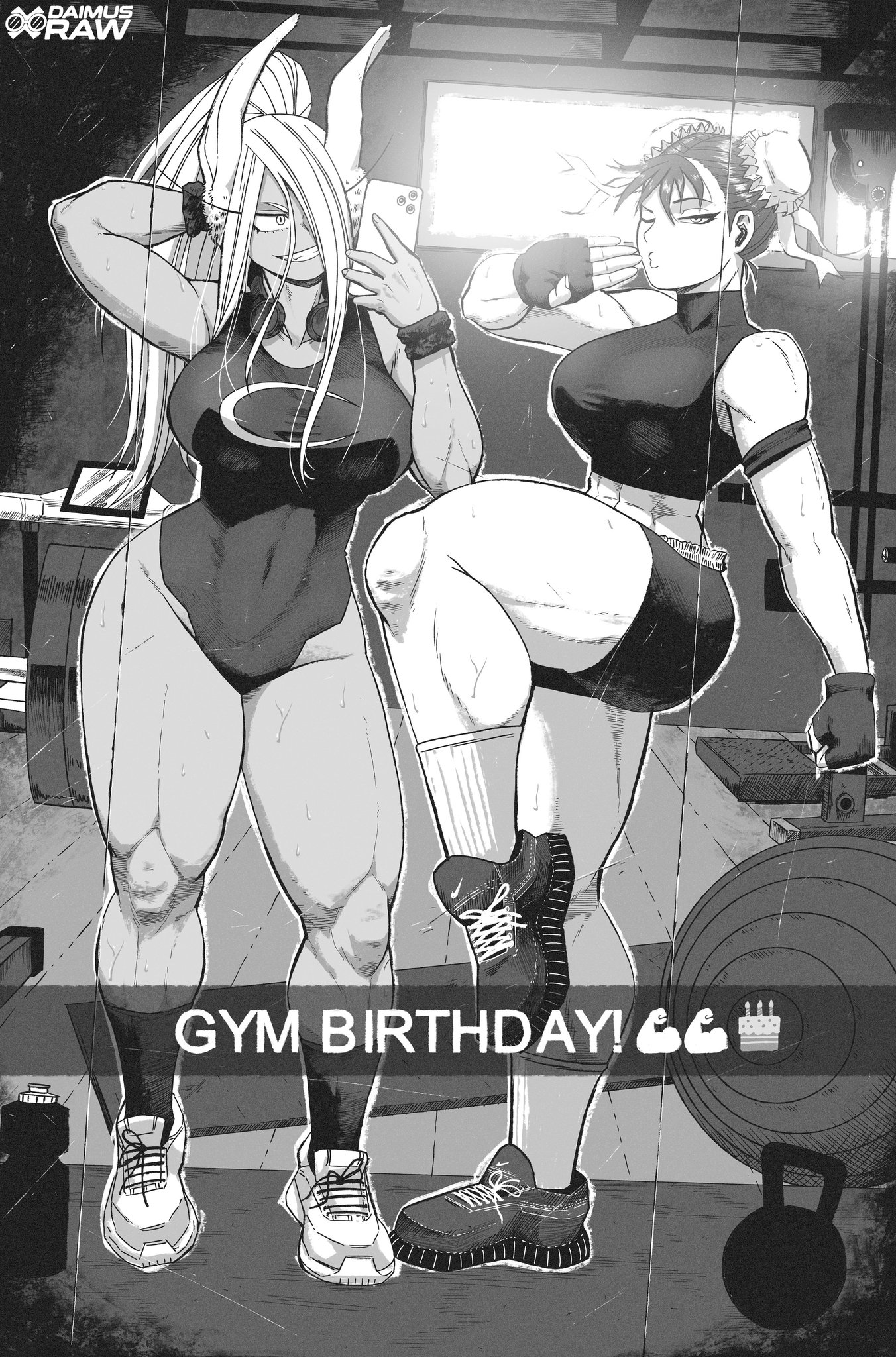 2girls, abs, athletic female, big ass, big breasts, big butt, big thighs, chun-li, chun-li (fortnite), chun-li (street fighter 6), daimusraw, fit female, gym, hourglass figure, huge ass, huge breasts, huge butt, huge legs, huge thighs, kemonomimi, large breasts, mirko, miruko, monochrome, muscles, muscular, muscular female, my hero academia, pose, posing, rumi usagiyama, selfie, slim waist, sports bra, street fighter, street fighter 6, thick thighs, tomboy, usagiyama rumi, voluptuous, voluptuous body, voluptuous female, wide hips