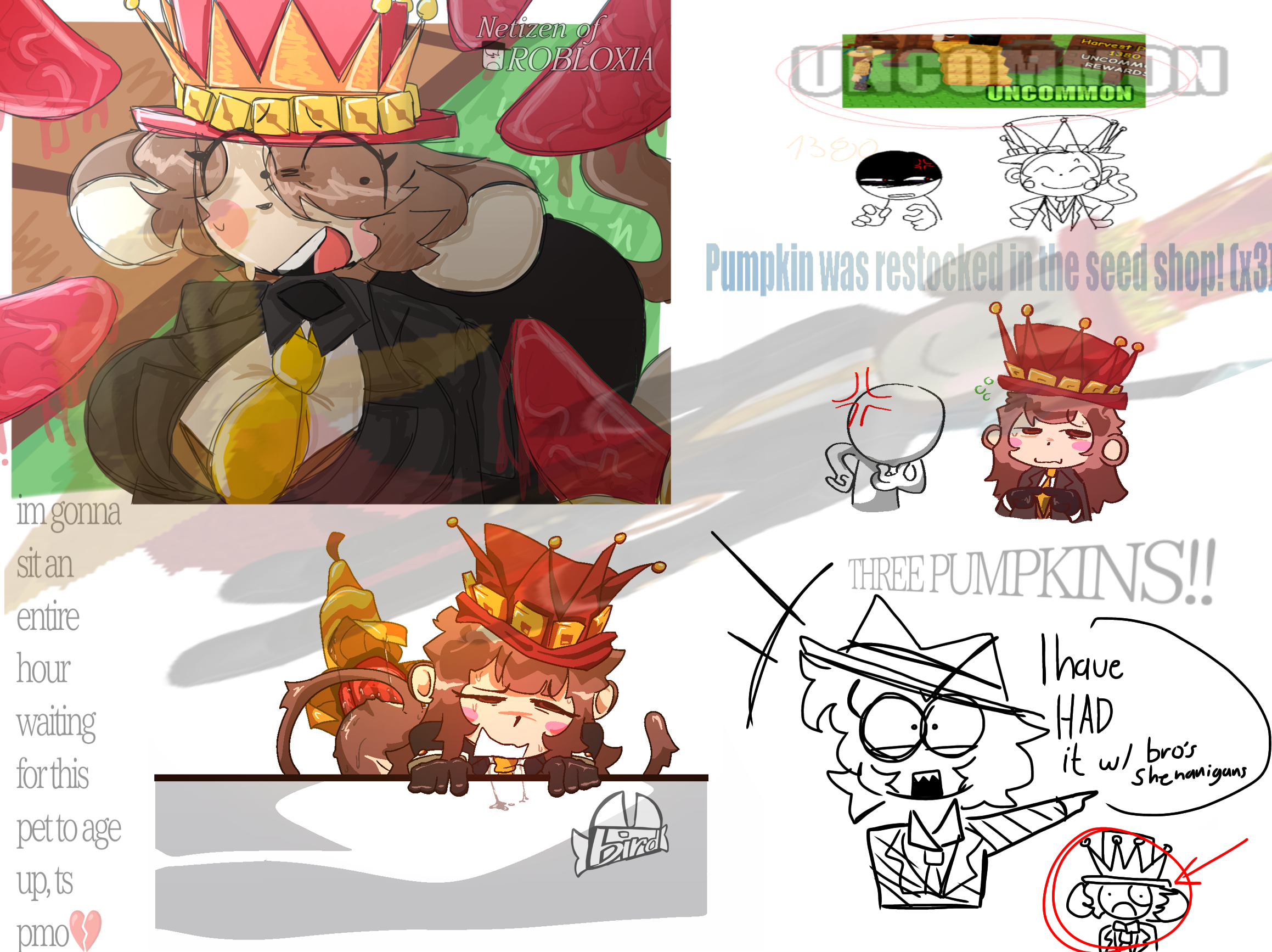 big breasts, breasts, crashout, english text, female, genderswap, genderswap (mtf), grow a garden, haplorhine, jandel, janderu-chan, meme in the background, monkey, netizen, object insertion, primate, roblox, roblox avatar, roblox developer, roblox game, robloxian, rule 63, self upload, suit, text, watermark