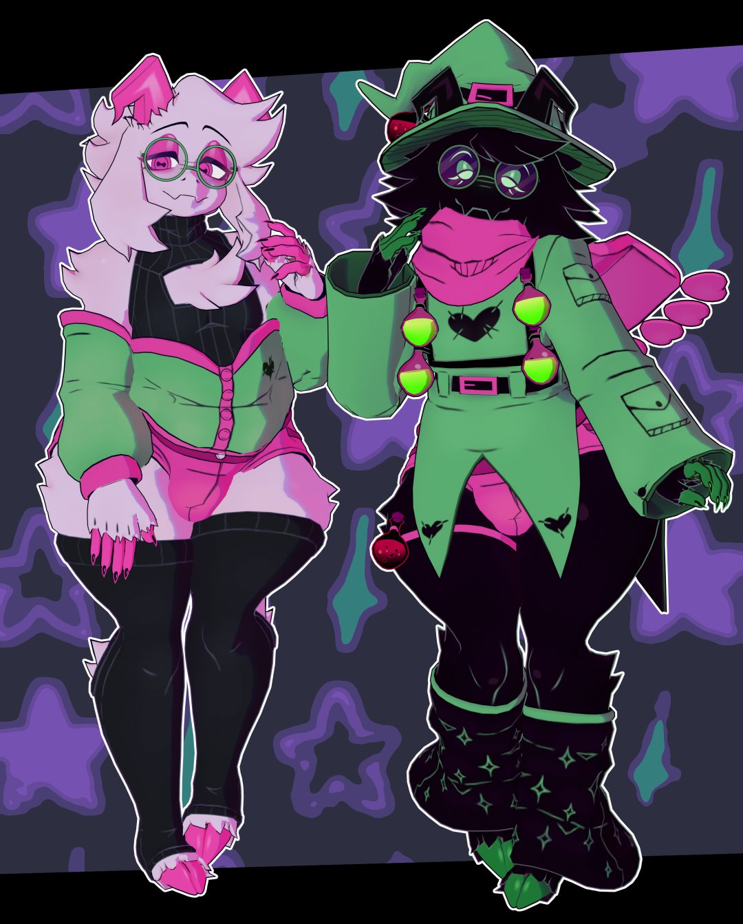 3d (artwork), anthro, black body, black clothing, black fur, black horn, black legwear, black sweater, black thigh highs, black topwear, bottomwear, bovid, bulge, caprine, cleavage cutout, clothing, coat, cryptiacurves, cutout, darkner, deltarune, digital media (artwork), duo, eyeshadow, eyewear, fangs, femboy, fur, glasses, goat, green clothing, green coat, green eyes, green hooves, green topwear, half-closed eyes, hat, headgear, headwear, hi res, hooves, horizontal pupils, horn, hotpants, leg warmers, legwear, looking at viewer, makeup, male, male only, mammal, pink bottomwear, pink clothing, pink eyes, pink eyeshadow, pink hooves, pink horn, pink scarf, pink shorts, posing, potion bottle, pupils, ralsei, ralsei (cryptiacurves), ralsei with black fur, ralsei with white fur, round glasses, scarf, sfw version, shorts, skindentation, smile, smiling at viewer, sweater, teeth, thick thighs, thigh highs, toeless thigh highs, topwear, undertale (series), wearing glasses, white body, white fur, wide hips, witch hat