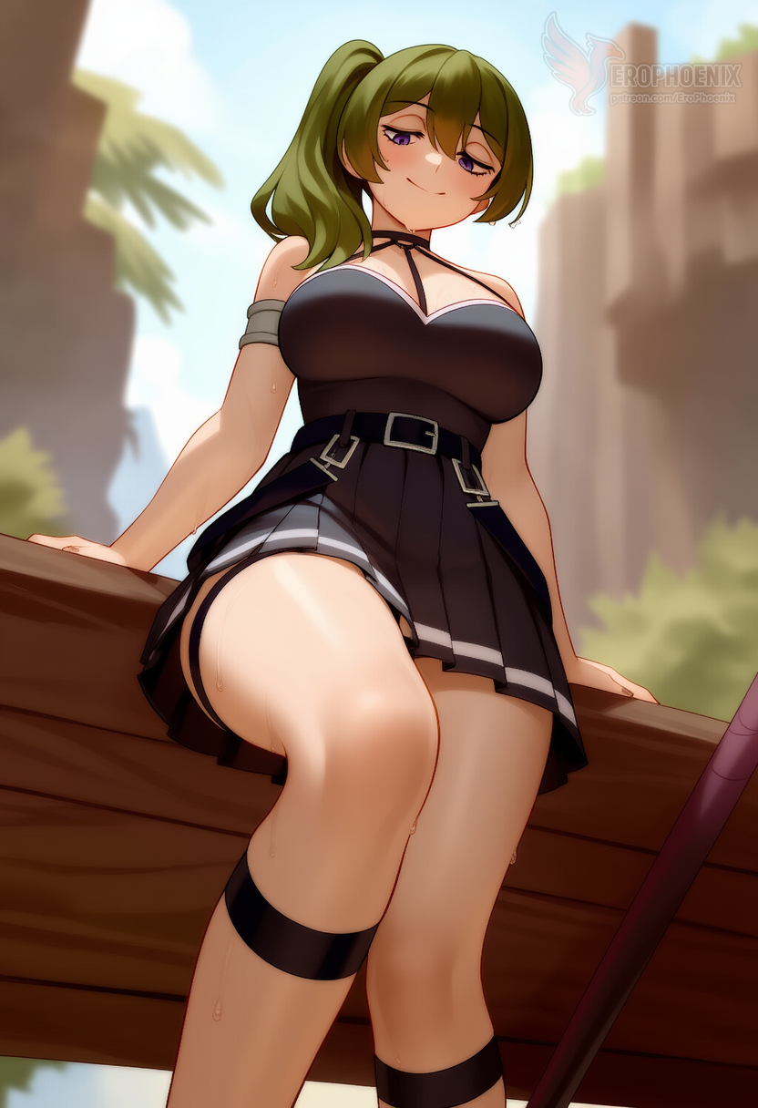 1girls 2d ai_generated ass bare_shoulders barefeet big_ass big_breasts breasts erophoenix feet female female_focus full_body green_hair long_hair looking_at_viewer looking_back miniskirt nude pale_skinned_female patreon_username ponytail smile soles solo solo_female sousou_no_frieren sweat thick thick_thighs toes ubel_(sousou_no_frieren) uncensored
