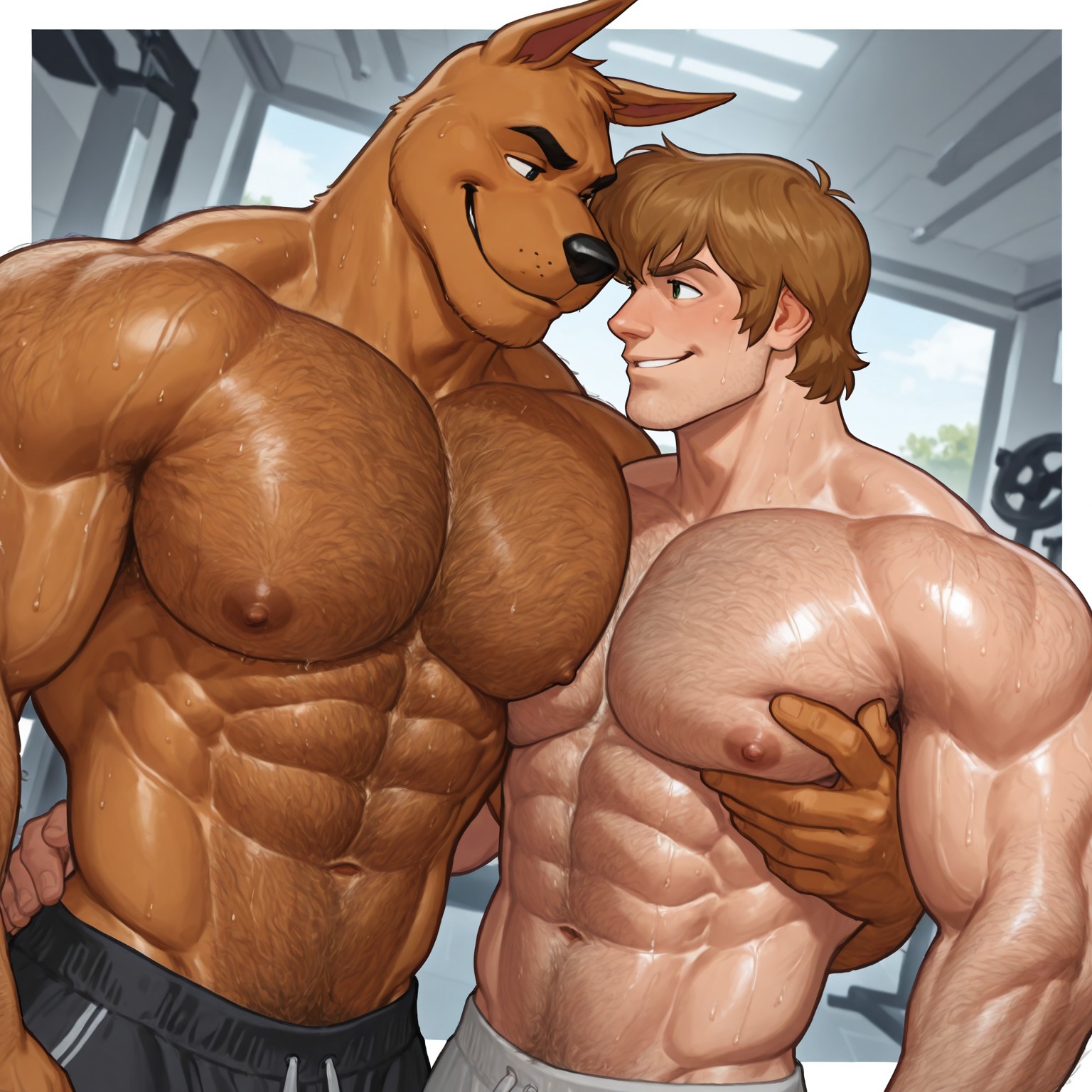 2boys, abs, ai generated, anthro, arms around waist, bara, biceps, big biceps, big muscles, brown fur, brown hair, canid, canine, canis, chest, chest hair, clothing, domestic dog, duo, eye contact, fur, furry, furry male, gay, grabbing pecs, great dane, gym, hand on pecs, hand on waist, human, human on anthro, indoors, interspecies, javier874, large muscles, light skin, light-skinned male, looking at another, male, male nipples, male/male, mammal, mature, mature male, mostly nude, muscles, nipples, pecs, scooby-doo, scooby-doo (character), shaggy rogers, shorts, smiling, smiling at another, upper body, what, yaoi