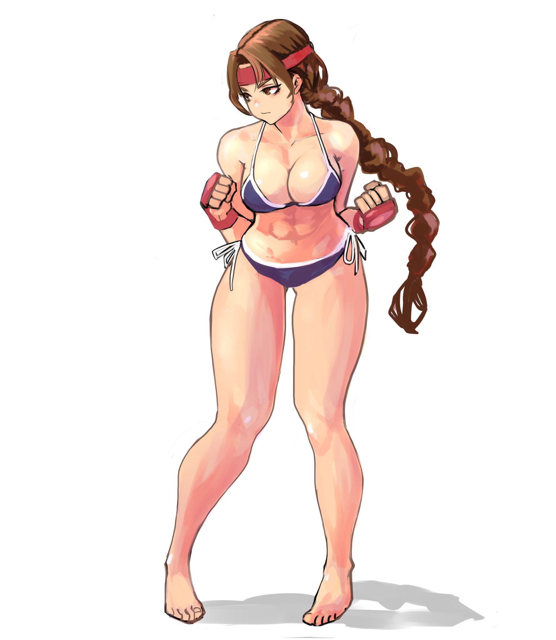 1girls, 6maker, abs, art of fighting, bare arms, bare legs, bare shoulders, bare thighs, barefoot, bikini, bikini bottom, blue bikini, blue bikini bottom, blue bikini top, blue bra, blue panties, blue swimsuit, blue underwear, braided hair, braided ponytail, breasts, brown eyes, brown hair, busty, chiseled abs, cleavage, feet, female, female abs, female focus, female only, fingerless gloves, fit, fit female, gloves, headband, hi res, high resolution, highres, king of fighters, king of fighters xv, kof, light skin, light-skinned female, long hair, long legs, medium breasts, muscles, muscular, muscular abdomen, muscular abs, muscular female, pale skin, pale-skinned female, perky breasts, pinup, ponytail, red gloves, ryuuko no ken, snk, solo, solo female, solo focus, swimsuit, the king of fighters, tied hair, tiptoes, toes, tomboy, toned, toned body, toned female, toned stomach, very high resolution, white background, yuri sakazaki