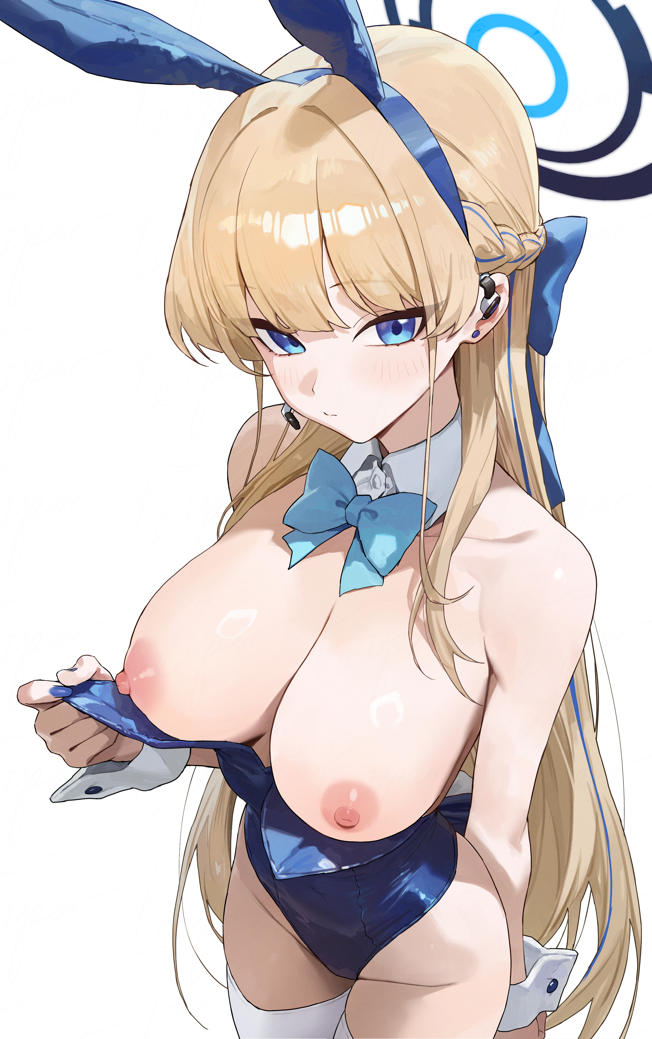 absurdres, animal ear hairband, animal ears, blonde hair, blue archive, blue bow, blue bowtie, blue eyes, blue halo, blue leotard, blue nails, blush, bow, bowtie, braid, breasts, breasts out, cleaning & clearing (blue archive), closed mouth, detached collar, earpiece, earrings, fake animal ears, fake tail, female, fingernails, hairband, hairbow, half up braid, halo, highleg, highleg leotard, highres, jewelry, large breasts, leotard, long hair, looking at viewer, millennium science school student, nail polish, nipples, official alternate costume, playboy bunny, rabbit ears, rabbit tail, simple background, solo, strapless, strapless leotard, stud earrings, tail, thighhighs, toi1et paper, toki (blue archive), toki (bunny) (blue archive), undersized breast cup, white background, white thighhighs, white wrist cuffs, wrist cuffs