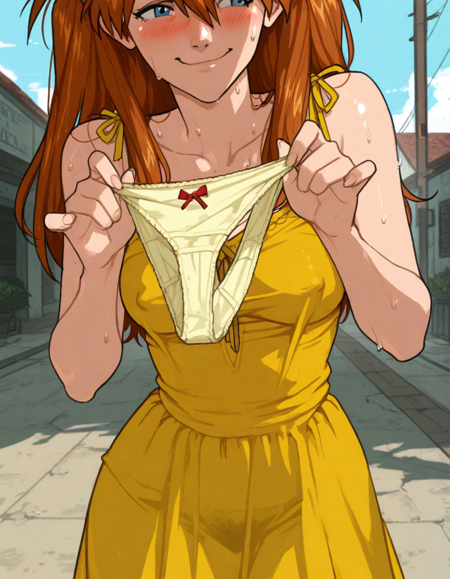 1girls ai_generated asuka_langley_sohryu blush close-up dress erect_nipples erect_nipples_under_clothes exhibitionism neon_genesis_evangelion outdoors outside panties panties_removed presenting public_indecency sundress sunny sweat sweating undressing yellow_dress