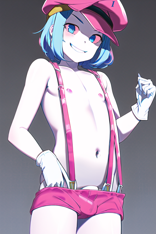 1boy 7_grand_dad ai_generated belly belly_button blue_eyes blue_hair blue_sclera bootleg bulge bulge_through_clothing colored_sclera femboy fortran gloves grand_dad males_only newsboy_cap nipples novelai pale_skin shorts smile suspenders topless white_gloves white_skin