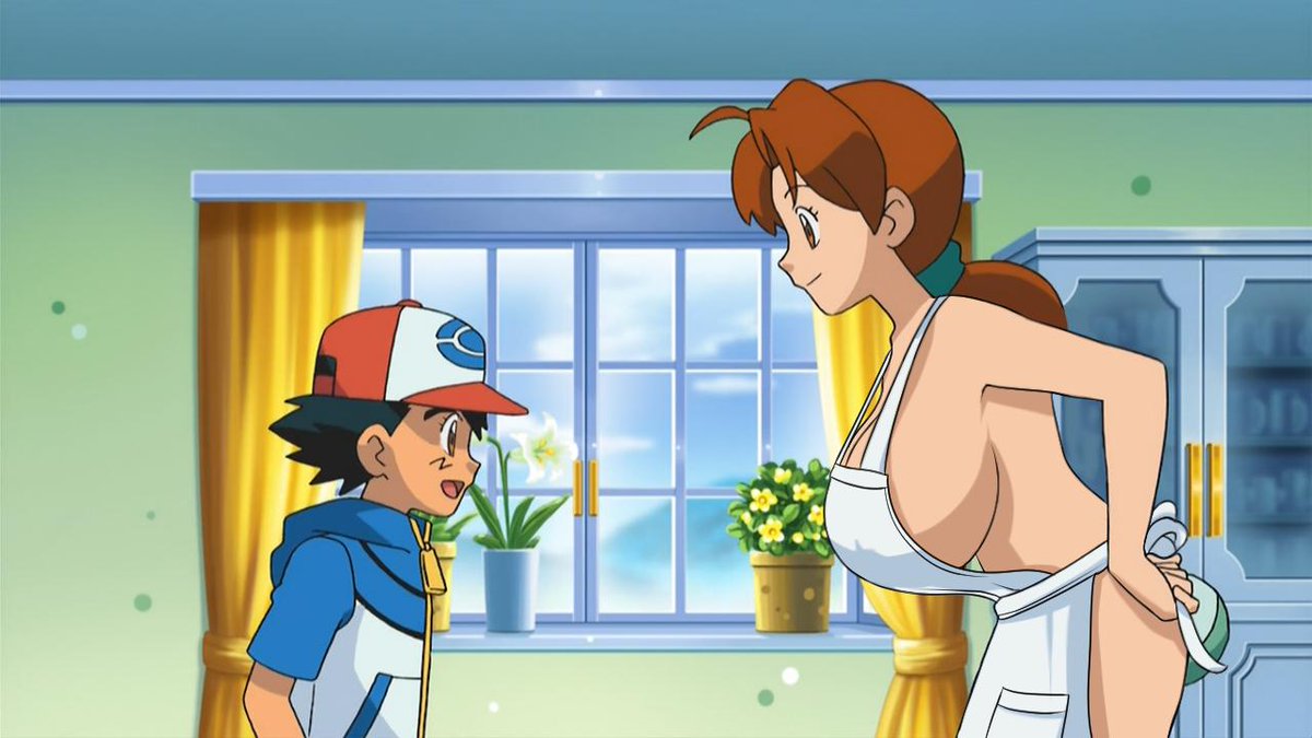 1boy 1girls accurate_art_style apron ash_ketchum big_breasts delia_ketchum_(pokemon) half_naked huge_breasts looking_at_another looking_at_breasts mother_and_son non_sexual pokemon satoshi_(pokemon) screenshot_edit tagme