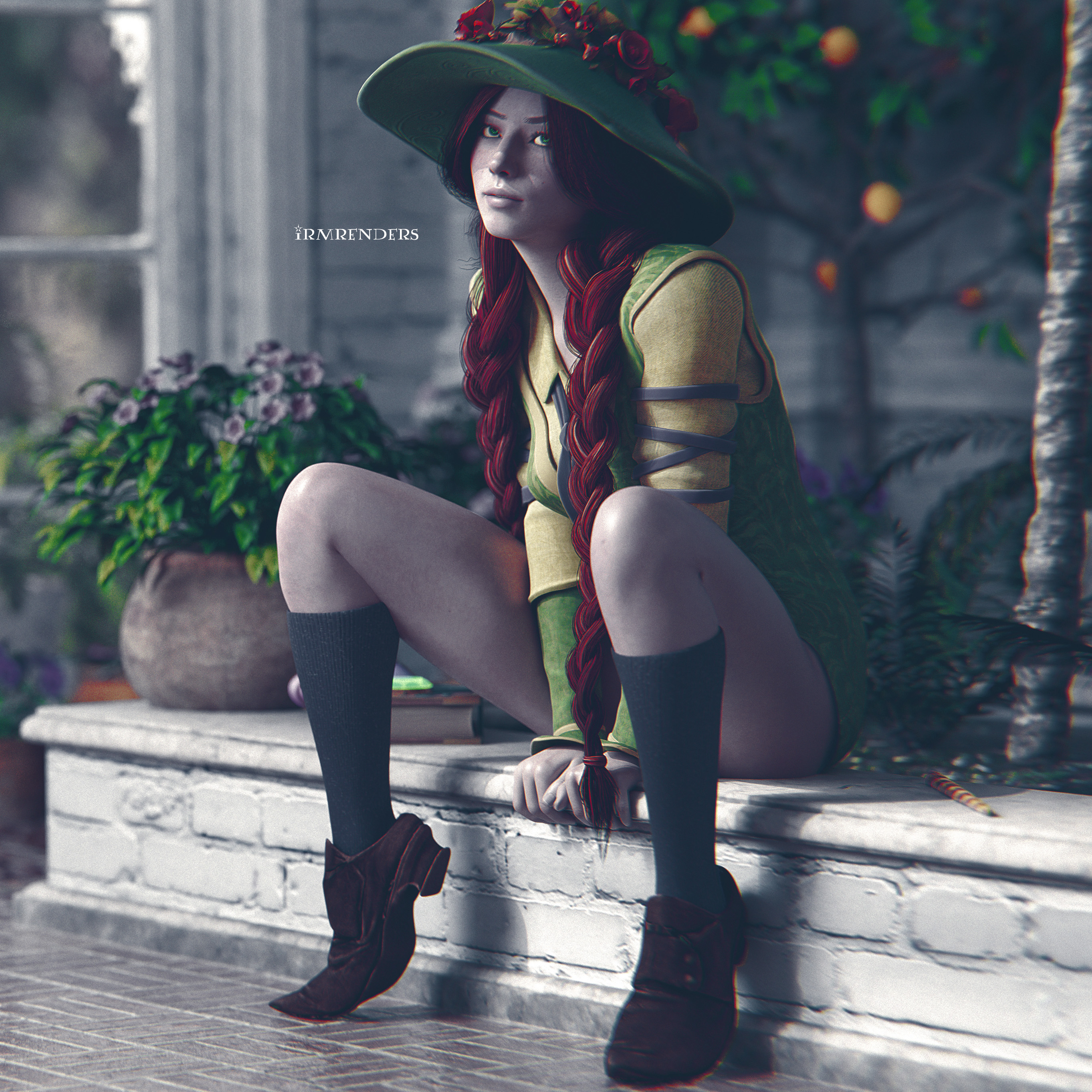 1girls, 3d, bare legs, breasts, female, female focus, female only, harry potter, hogwarts legacy, irmrenders, mirabel garlick, pinup, pinup pose, red hair, sitting, solo, solo female, tagme, twin braids, witch (harry potter), witch hat