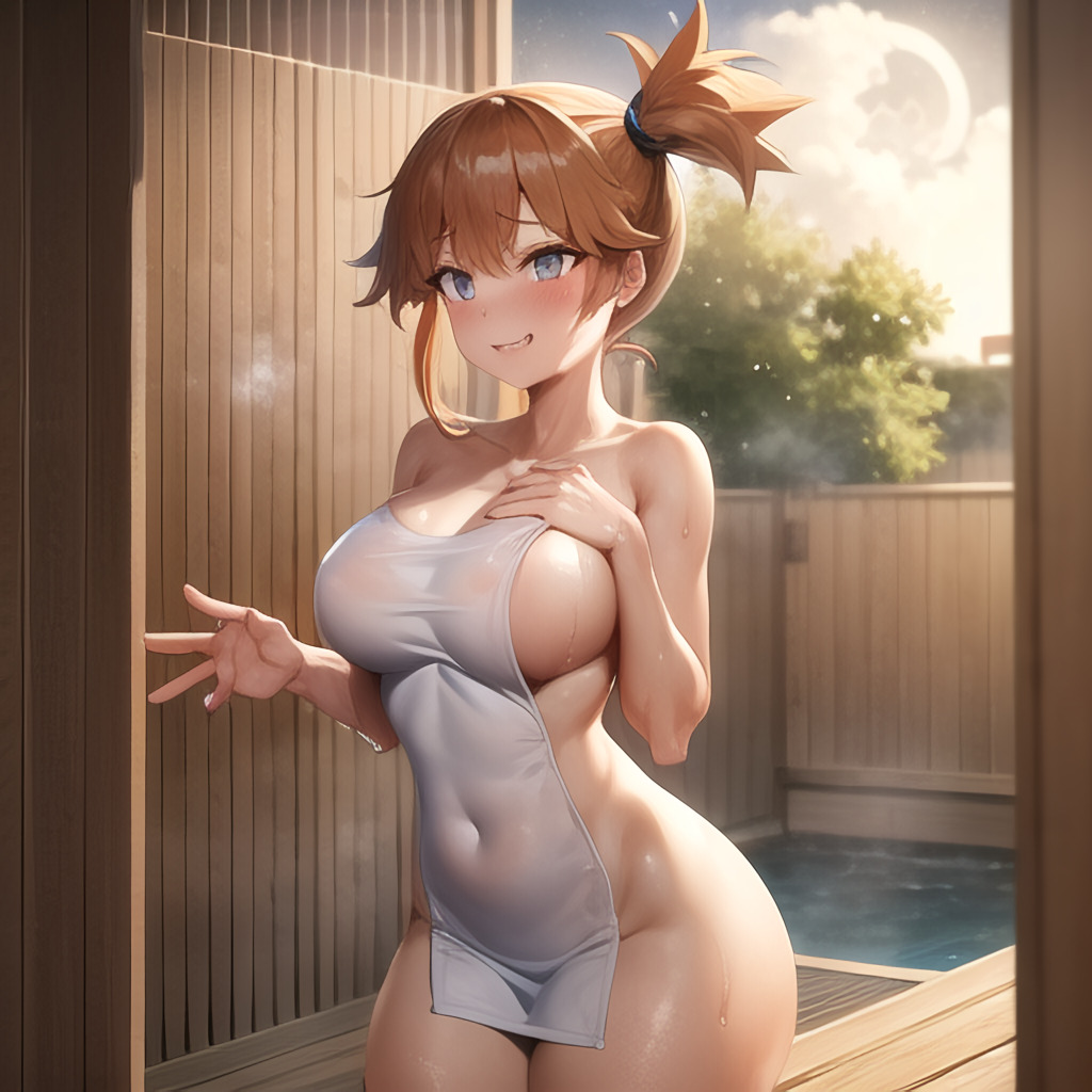 ai generated, asymmetrical hair, back, blush, breasts, completely nude, female, gym leader, highres, huge breasts, kasumi (pokemon), large breasts, legs, nintendo, nude, onsen, orange hair, pokemon, pokemon (game), pokemon lgpe, pokemon rgby, ponytail, short hair, shower, side ponytail, solo, steam, steaming body, thick, thick thighs, thighs, tied hair, towel, water, wet