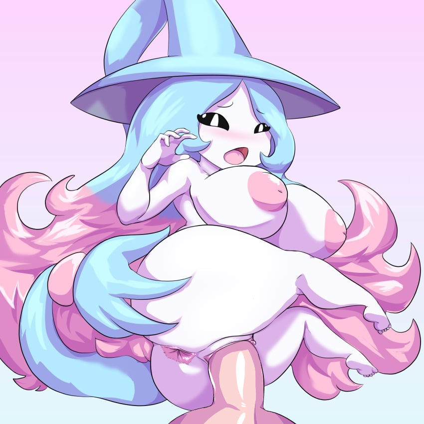 1boy 1girls anus areola barefoot big_areola big_breasts black_sclera blue_hair blush breasts clitoris clothing duo erection feet female generation_8_pokemon genitals hair hat hatterene headgear headwear hi_res huge_breasts human humanoid inverted_nipples long_hair male male/female mammal multicolored_hair nintendo nipples nude open_mouth penetration penis pink_areola pink_hair pink_nipples pokemon pokemon_(species) pussy short_stack simple_background size_difference spread_anus spreading thecon two_tone_hair vaginal_penetration white_body