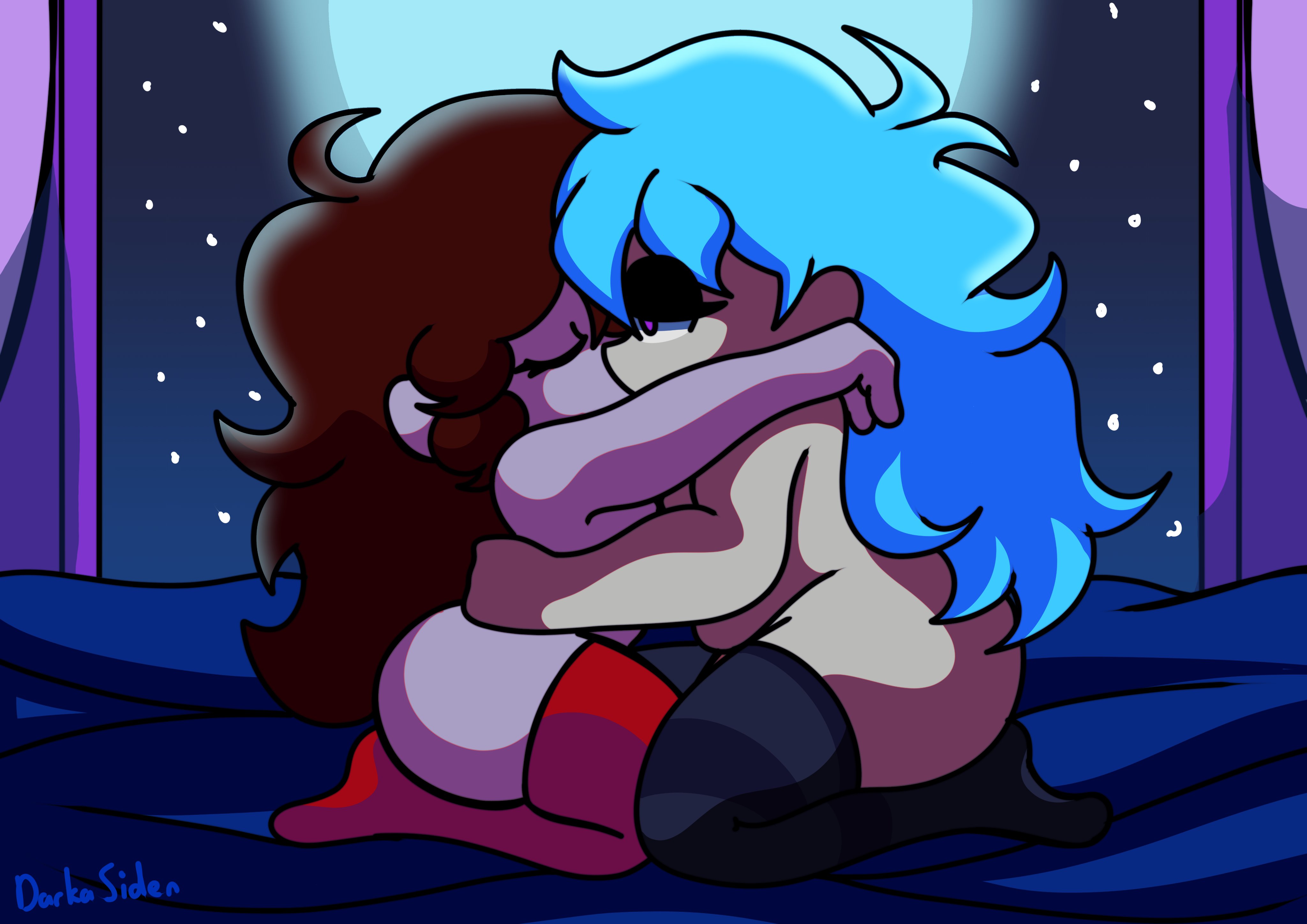 2girls, aqua hair, ass, auburn hair, background, bedroom, big ass, big breasts, black stockings, breasts, cyan hair, darkasiden, female, friday night funkin, friday night funkin mod, girlfriend (friday night funkin), hug, huge ass, kissing, long hair, moon, multiple females, multiple girls, night, nude, nude female, red stockings, romantic, sheets, sky (friday night funkin), skyblue, skyverse, stars, stockings, yuri