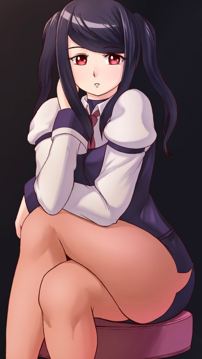 ass asymmetrical_bangs bangs black_hair crossed_legs female finalcake highres huge_ass jill_stingray julianne_stingray leg_lift legs long_hair looking_at_viewer pantyhose parted_lips pencil_skirt red_eyes sitting skirt solo thick_thighs thighs va-11_hall-a