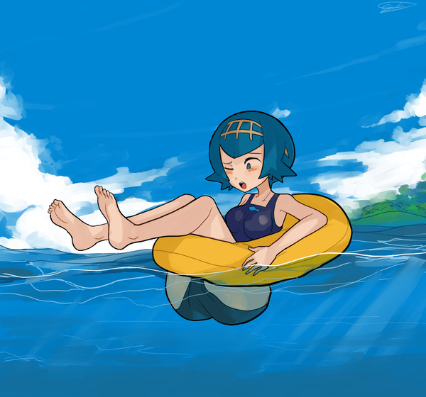 1girls ass barefoot blue_hair cameltoe concentration feet female female_only float_ring floatie human in_water lake lana_(pokemon) light_blush mob_face one-piece_swimsuit open_mouth partially_submerged partially_underwater_shot pokemon pokemon_sm pool_toy ring_floatie solo swimsuit swimwear underwater usagaijin water