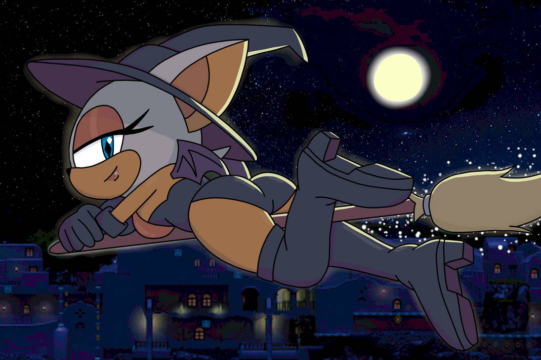 2021 ass bat bat_wings blue_eyes boots broom building clairescafe female female_only gloves leotard lipstick moon night night_sky rouge_the_bat sega solo sonic_(series) sonic_the_hedgehog_(series) thigh_boots witch witch_costume witch_hat