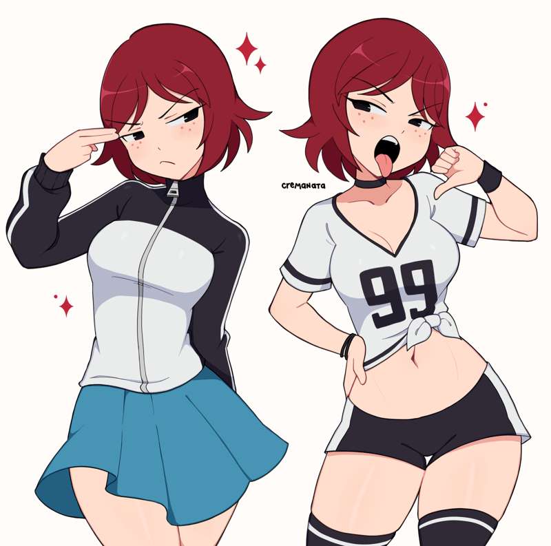 1girls, belly button, black shorts, cremanata, female, female only, fully clothed, kim pine, light skin, light-skinned female, red hair, scott pilgrim, solo, solo female, tagme, white background