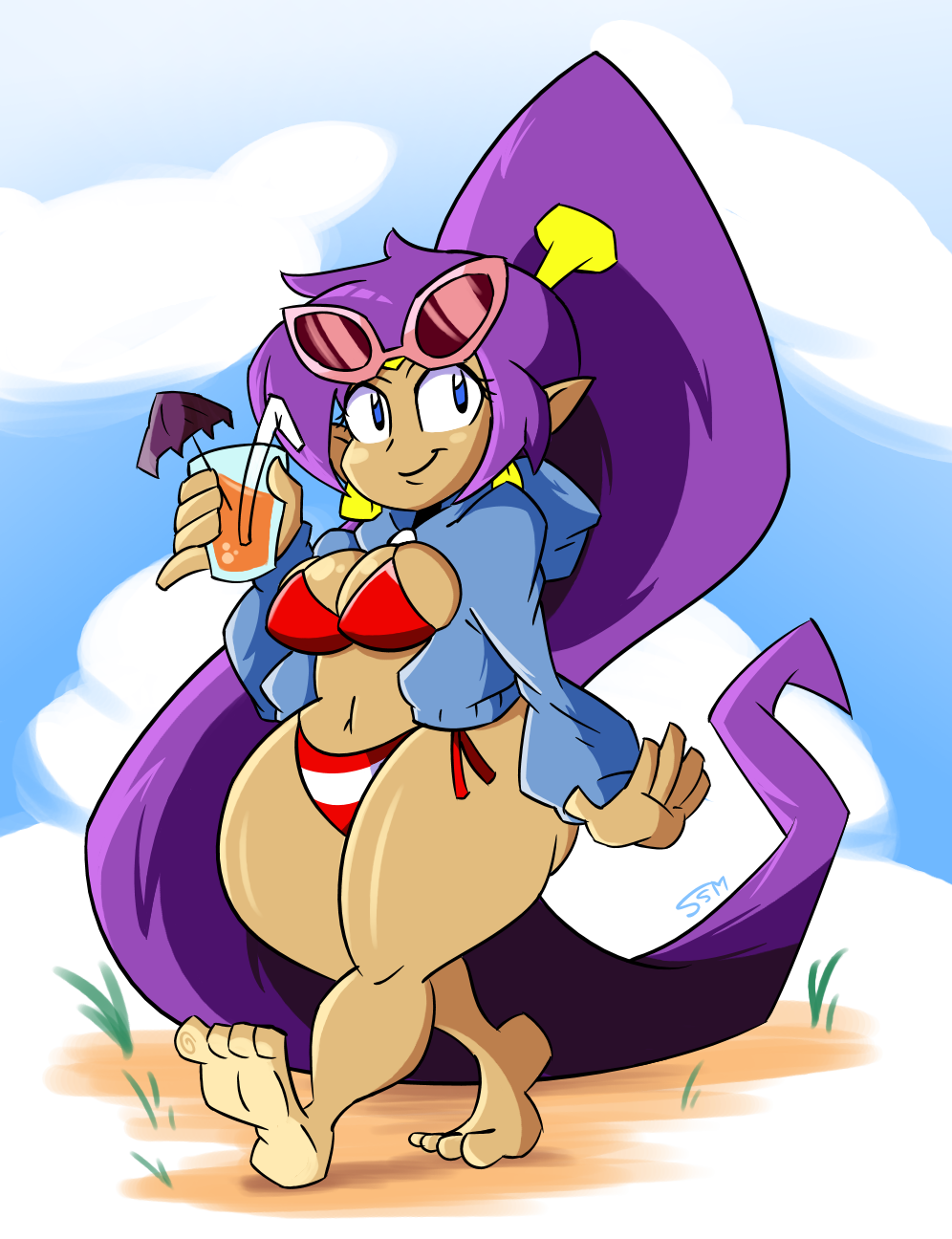 1girls 2018 barefoot beach big_ass big_breasts big_butt bikini blue_eyes bubble_butt dark_skin drink jacket long_hair purple_hair shantae shantae_(character) smooth_skin solarmannstudio solo sunglasses_on_head supahstudiomann_(artist) thick_hips thick_thighs