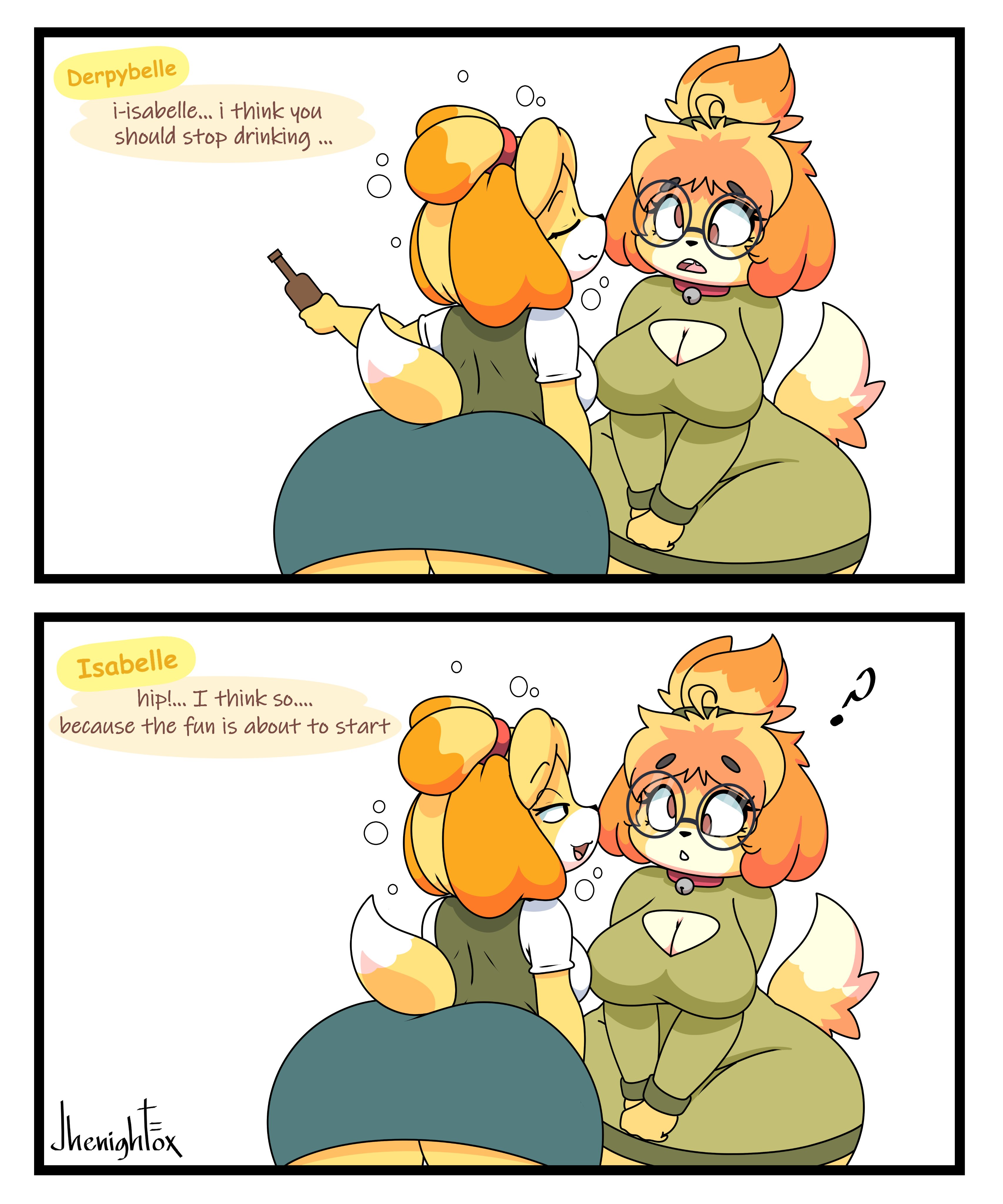 animal crossing, ass, big ass, big breasts, breasts, bubble ass, bubble butt, comic, derpybelle, duo, fat, female, furry, huge ass, isabelle (animal crossing), jhenightfox, nintendo