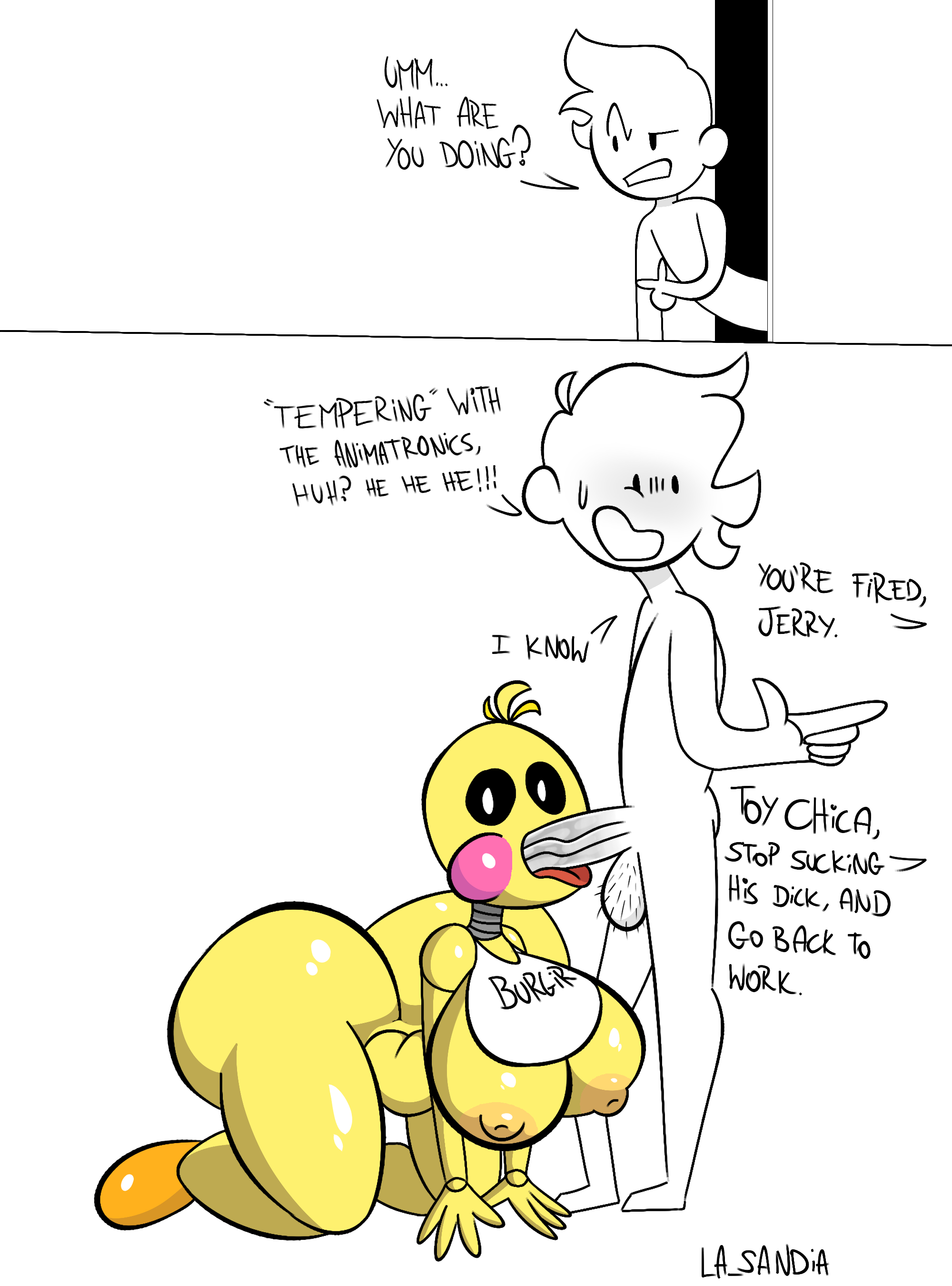 1girls, 2boys, all fours, animatronic, ass, balls, big ass, big breasts, big butt, big penis, blowjob, breasts, english text, fellatio, female, fired, five nights at freddy's, funny, genitals, hairy balls, humor, la sandia, male, meme, oral, oral penetration, oral sex, penetration, penile, penis, penis in mouth, saliva, saliva on penis, saliva trail, sex, straight, sucking penis, tagme, text, tongue, tongue out, tongue out blowjob, toy chica (fnaf), veiny penis, white background, white body, yellow body, yellow hair