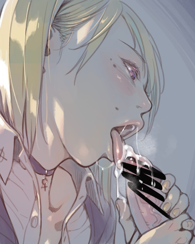 bangs blonde_hair bubuzuke female from_side holding jewelry licking looking_to_the_side necklace open_clothes open_mouth oral original purple_eyes saliva school_uniform shirt short_hair solo_focus tongue tongue_out upper_body