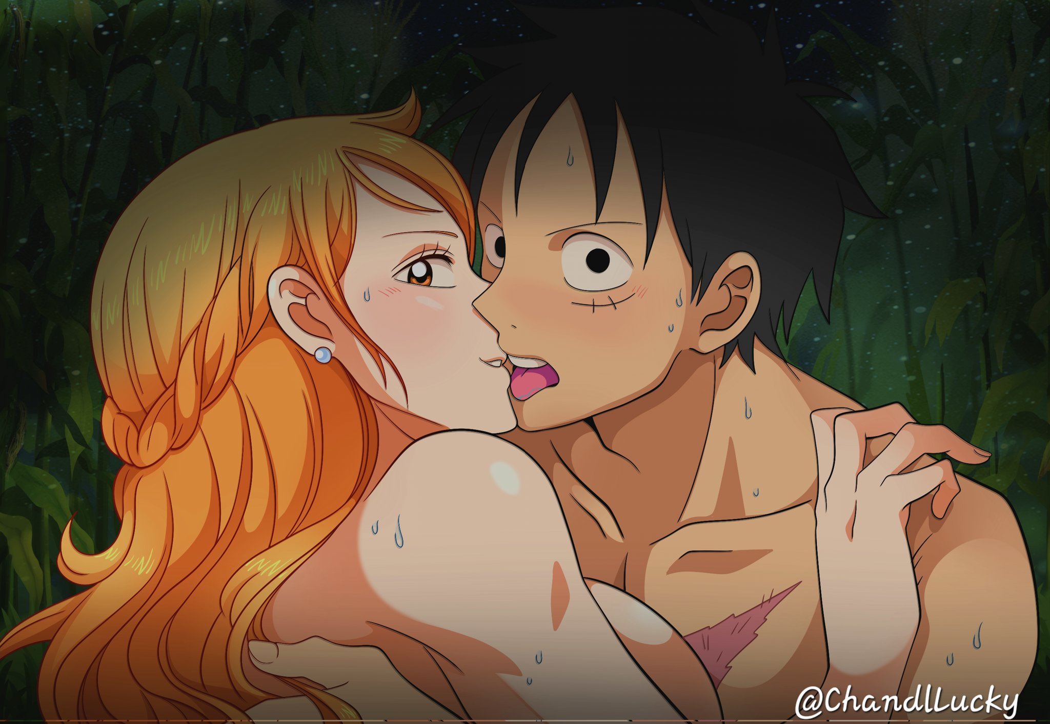 1boy, 1girls, black hair, black-haired male, blush, caught, caught in the act, chandllucky, couple, embrace, female, implied sex, kissing, leaves, long hair, looking at viewer, male, monkey d luffy, muscular, muscular male, nami (one piece), nude, one piece, orange hair, orange-haired female, post-timeskip, scar, short hair, straight, sweat, tongue, tongue out, topless, tree