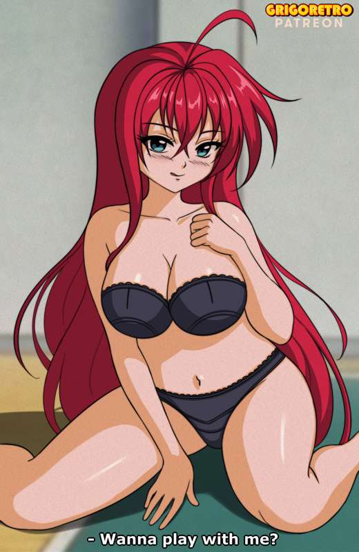 bed bedroom_eyes bedsheets breasts grigoretro high_school_dxd lingerie panties red_hair rias_gremory subtitled talking_to_viewer underwear