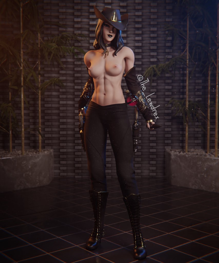 1girls 3d abs areolae armor armwear athletic athletic_female black_hair black_lips black_lipstick blender bottomwear breasts choker cowgirl_hat detailed_background erect_nipples female female_focus female_only fortnite gun_holster half-dressed half_naked hat headwear highres holster leggings lewdrex light-skinned_female light_skin lipstick long_hair looking_at_viewer medium_breasts necklace nipples pants potion potion_bottle presenting solo solo_female solo_focus standing topless victoria_saint watermark