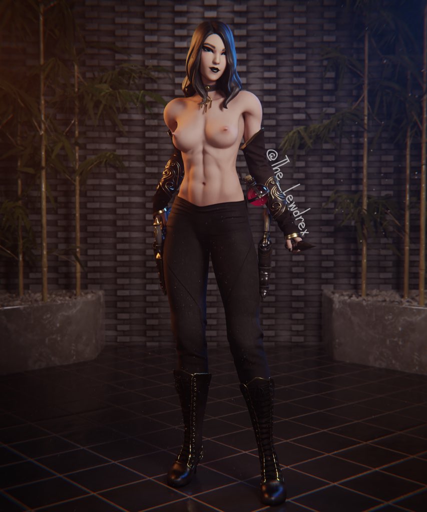 1girls 3d abs areolae armor armwear athletic athletic_female black_hair black_lips black_lipstick blender bottomwear breasts choker detailed_background erect_nipples female female_focus female_only fortnite gun_holster half-dressed half_naked highres holster leggings lewdrex light-skinned_female light_skin lipstick long_hair looking_at_viewer medium_breasts necklace nipples pants potion potion_bottle presenting solo solo_female solo_focus standing topless victoria_saint watermark