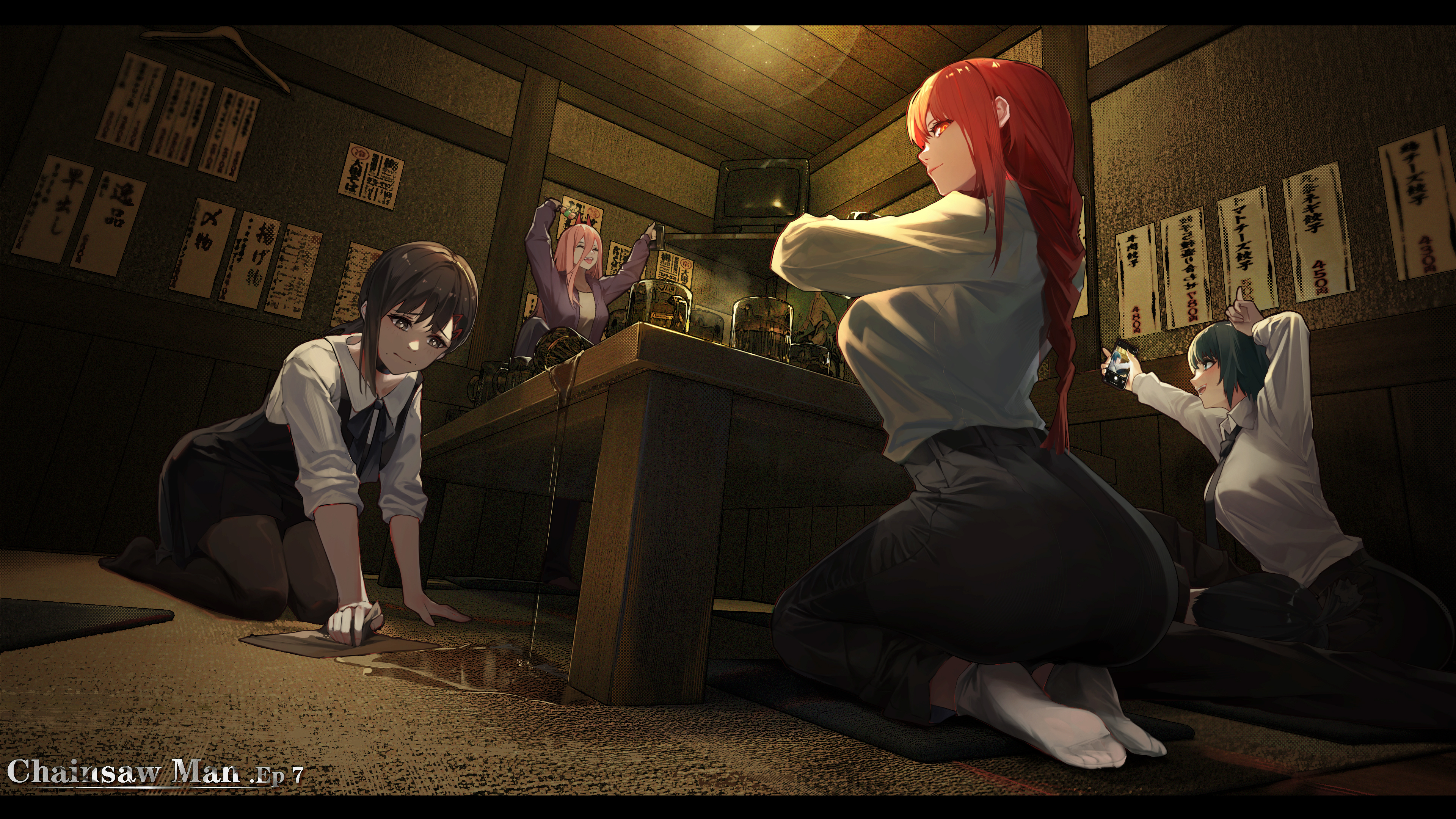 4girls, ass, ass focus, big ass, bubble ass, bubble butt, chainsaw man, female, female only, higashiyama kobeni, himeno (chainsaw man), kazenoko-, low-angle view, makima (chainsaw man), mappa, multiple females, multiple girls, power (chainsaw man), tight clothing
