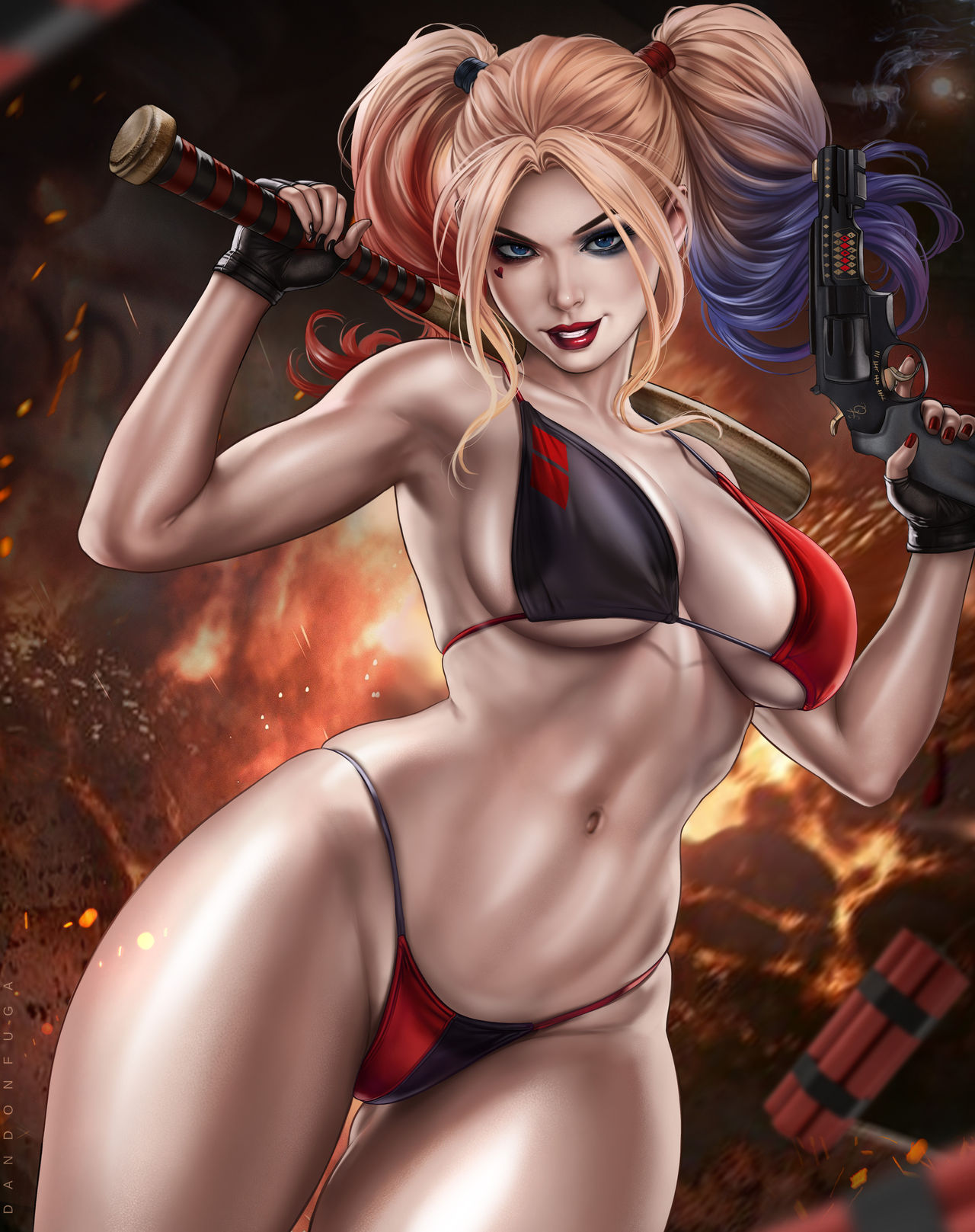 baseball_bat bat_(object) big_breasts bikini blonde_hair blue_eyes breasts dandon_fuga dc dc_comics female firearm gun handgun handwear harley_quinn human looking_at_viewer multicolored_hair neckwear pale-skinned_female pale_skin ranged_weapon revolver standing swimsuit thick_thighs toned toned_female twintails underwear weapon wristwear