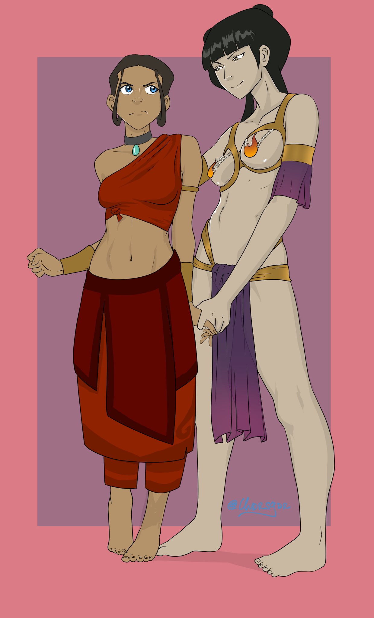 2girls, angry, annoyed, armlet, avatar the last airbender, bare midriff, barefoot, black hair, blue eyes, bracelet, breasts, brown hair, busty, choker, closed mouth, couple, dance, dancer outfit, dark skin, dark-skinned female, duo, eye contact, female, female focus, female only, fire nation, fire nation clothing, full body, grey eyes, half-closed eyes, harem outfit, holding hands, hourglass figure, interracial, interracial yuri, katara, loincloth, long hair, looking at another, looking back, mai (avatar), medium breasts, multiple females, multiple girls, naughty face, navel, neck, necklace, nickelodeon, no bra, pink background, purple background, revealing clothes, seductive, skimpy, skimpy clothes, slave, slave girl, small breasts, smile, standing, undrsydr, wide hips, yellow eyes, yuri