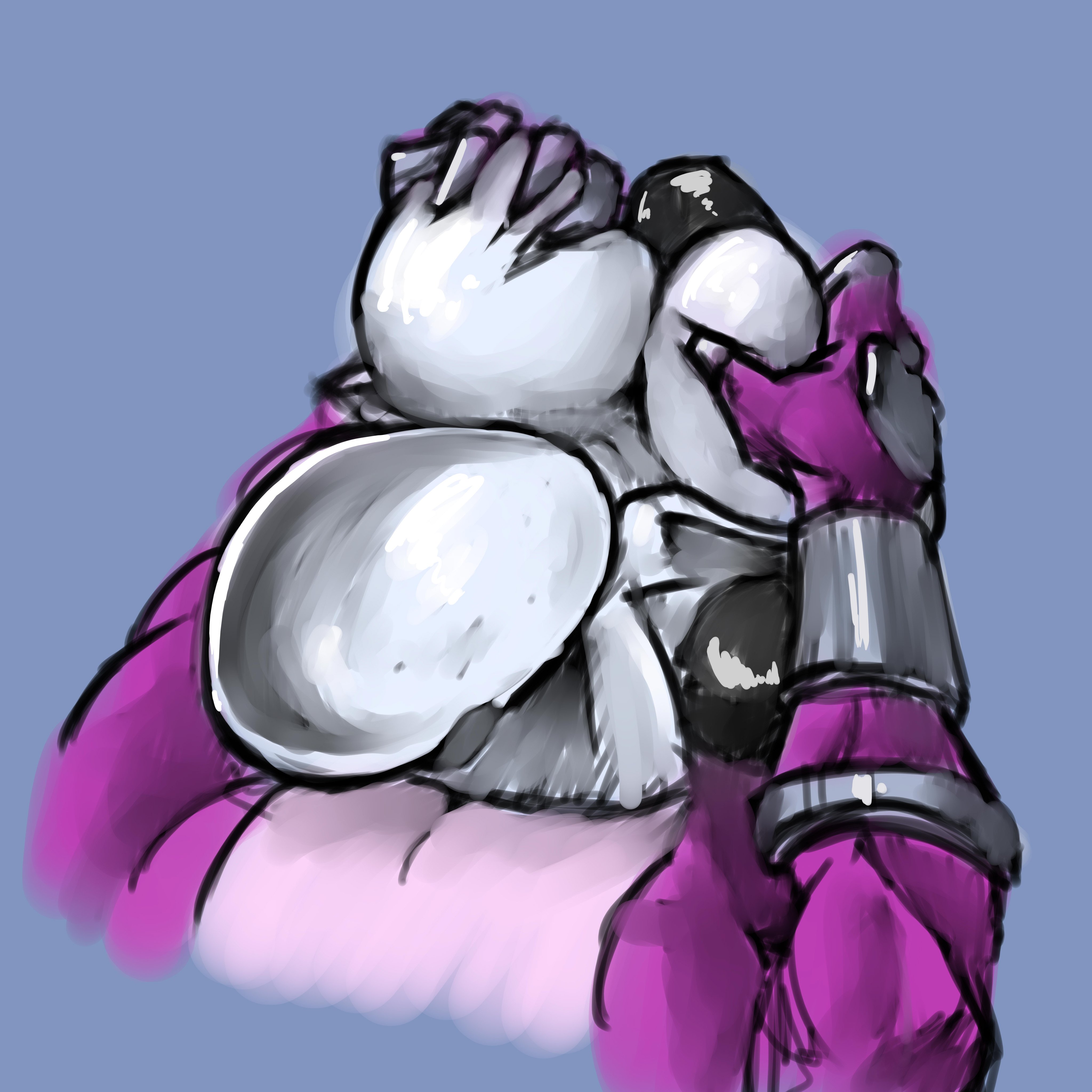 artificer (risk of rain), artist request, big breasts, black body, breast grab, breasts, dark skin, dark-skinned female, female, fondling breast, helmet, holding breast, lemurian, male, pov, risk of rain, risk of rain 2, source request, tagme, tits
