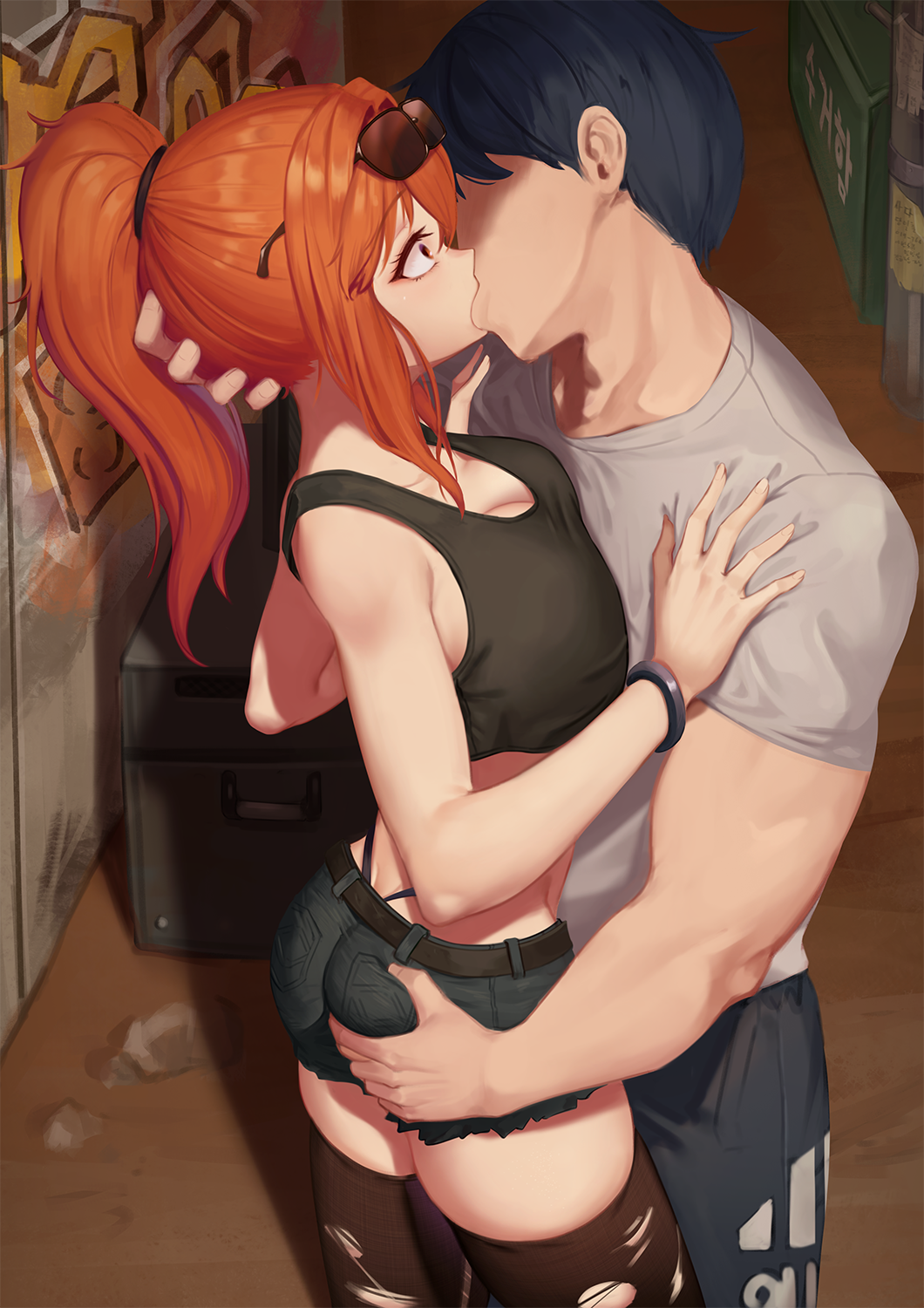 1boy 1girls adidas ass ass_grab black_hair breast_press breasts couple daydream_(zhdkffk21) faceless_male female forced_kiss girls'_frontline graffiti hand_on_head hotpants kalina_(girls'_frontline) kissing large_breasts light-skinned_female light-skinned_male light_skin long_hair male muscular muscular_male ponytail red_hair sexual_assault short_shorts shorts sunglasses_on_head surprised surprised_expression tank_top teenage_girl teenager thighhighs thong track_pants