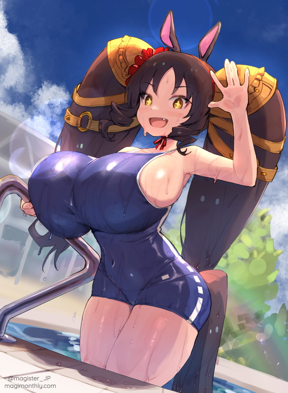 ass, big breasts, breasts, dark hair, female, hair ornament, horse ears, huge breasts, looking at viewer, magister (bigbakunyuu), marvelous sunday (umamusume), oerba yun fang, pool, poolside, school swimsuit, short stack, shortstack, swimsuit, thick thighs, twintails, umamusume, wet body