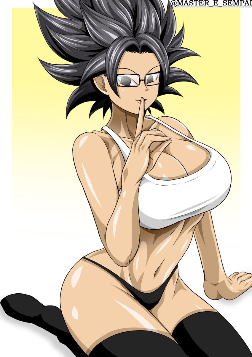 1girls arm_up ass bangs big_ass big_breasts black_eyes black_hair breasts caulifla cleavage dragon_ball dragon_ball_super dragon_ball_z finger_to_mouth fusion glasses large_breasts looking_at_viewer master_e_sempai mia_khalifa navel on_knees parody saiyan sideboob simple_background spiky_hair tank_top thick_thighs thighhighs thong watermark white_background yellow_background