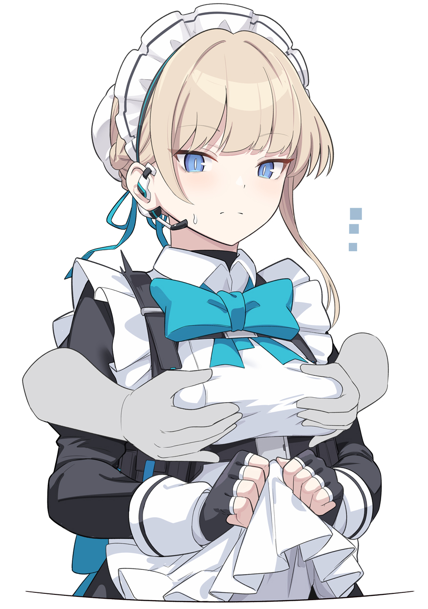 :( blonde_hair blue_archive blue_eyes cleaning_&_clearing_(blue_archive) clothed clothed_female disembodied_hand groping groping_from_behind maid maid_headdress maid_uniform millennium_science_school_student shiseki_hirame short_hair sweatdrop tagme toki_(blue_archive)