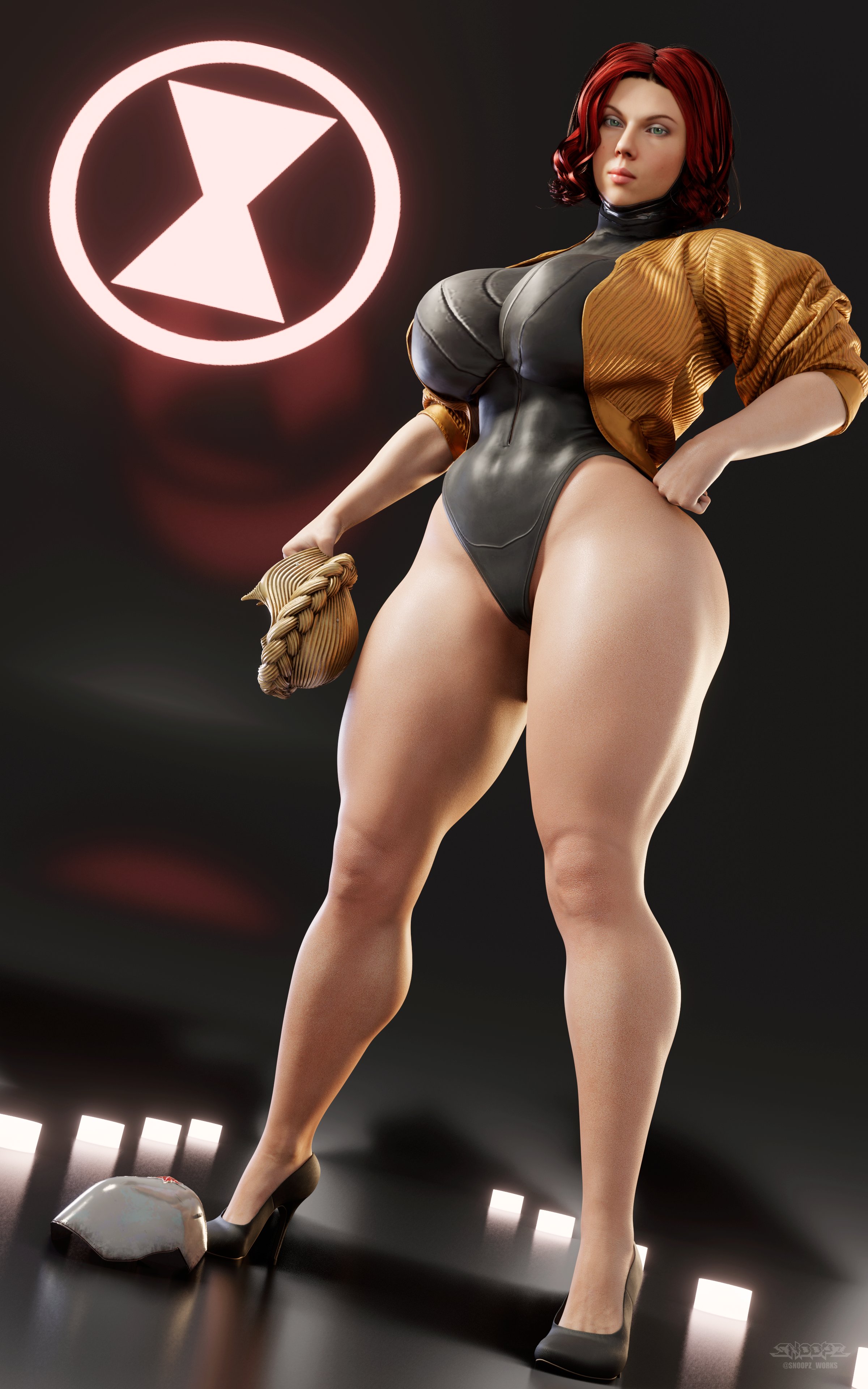 1girls, 3d, atomic heart, avengers, bare legs, big breasts, black widow (marvel), bolero, breasts, busty, crossover, curvaceous, curvy, curvy body, curvy female, curvy figure, female, female focus, female only, full body, high heels, hourglass figure, left (atomic heart), leotard, light skin, light-skinned female, marvel, marvel comics, pinup, pinup pose, red hair, redhead, scarlett johansson, sleeves rolled up, snoopz, solo, solo female, tagme, the twins (atomic heart), thick thighs, thong leotard, voluptuous, voluptuous female, wide hips