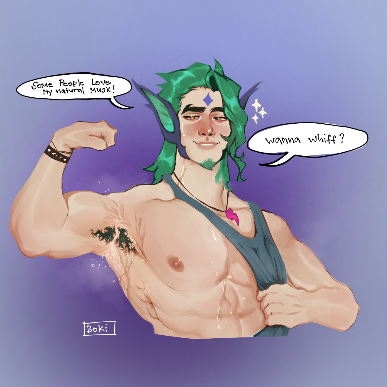 animal_ears armpit_hair blush flexing haideebobs league_of_legends male male_only muscles muscular musk rakan solo solo_male speech_bubble star_guardian_rakan star_guardian_series sweaty tank_top tank_top_pull