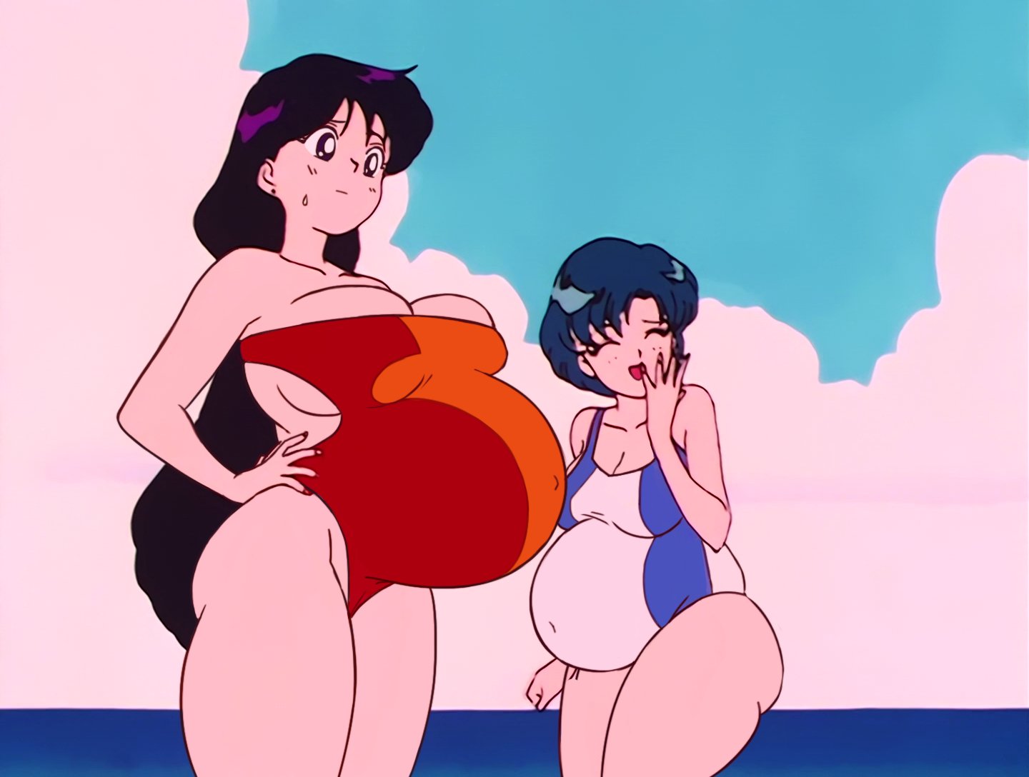 2girls, ami mizuno, belly expansion, big breasts, bishoujo senshi sailor moon, breast expansion, breast growth, breast growth (enlargement), breasts, fat, female, female only, large breasts, laughing, multiple pregnancies, one-piece swimsuit, pregnant, rei hino, screencap, stretched clothing, swimsuit, the tits of mio, third-party edit