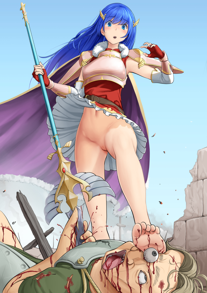 1boy 1girls accidental_exposure alternate_costume bare_legs barefoot blood blue_eyes blue_hair breasts caeda_(beloved_queen)_(fire_emblem) caeda_(fire_emblem) cape death defeated female female_focus fingerless_gloves fire_emblem fire_emblem:_mystery_of_the_emblem fire_emblem:_shadow_dragon_and_the_blade_of_light fire_emblem_heroes from_below gloves gore hair_ornament kasu_(kasunohikari) legs long_hair looking_down male male_death nintendo no_panties official_alternate_costume open_mouth outdoors skirt small_breasts solo_focus spear stabbing upskirt wind_lift windy_skirt